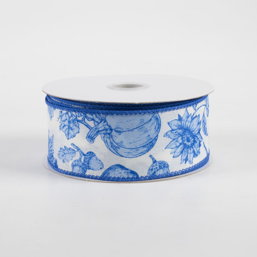 1.5" Linen Fall Toile Ribbon: Blue on Cream (10 Yards)