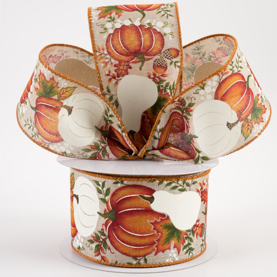 2.5" Linen Fall White Pumpkins & Gourds Ribbon: Natural (10 Yards) Lifestyle Photo