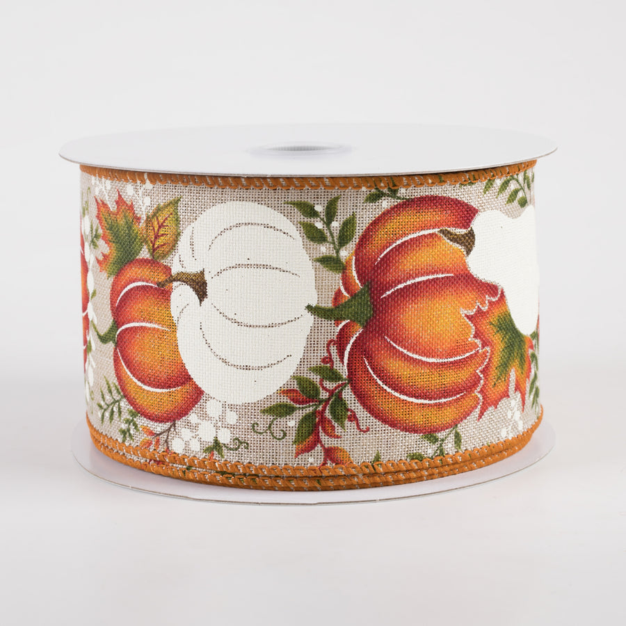 2.5" Linen Fall White Pumpkins & Gourds Ribbon: Natural (10 Yards)