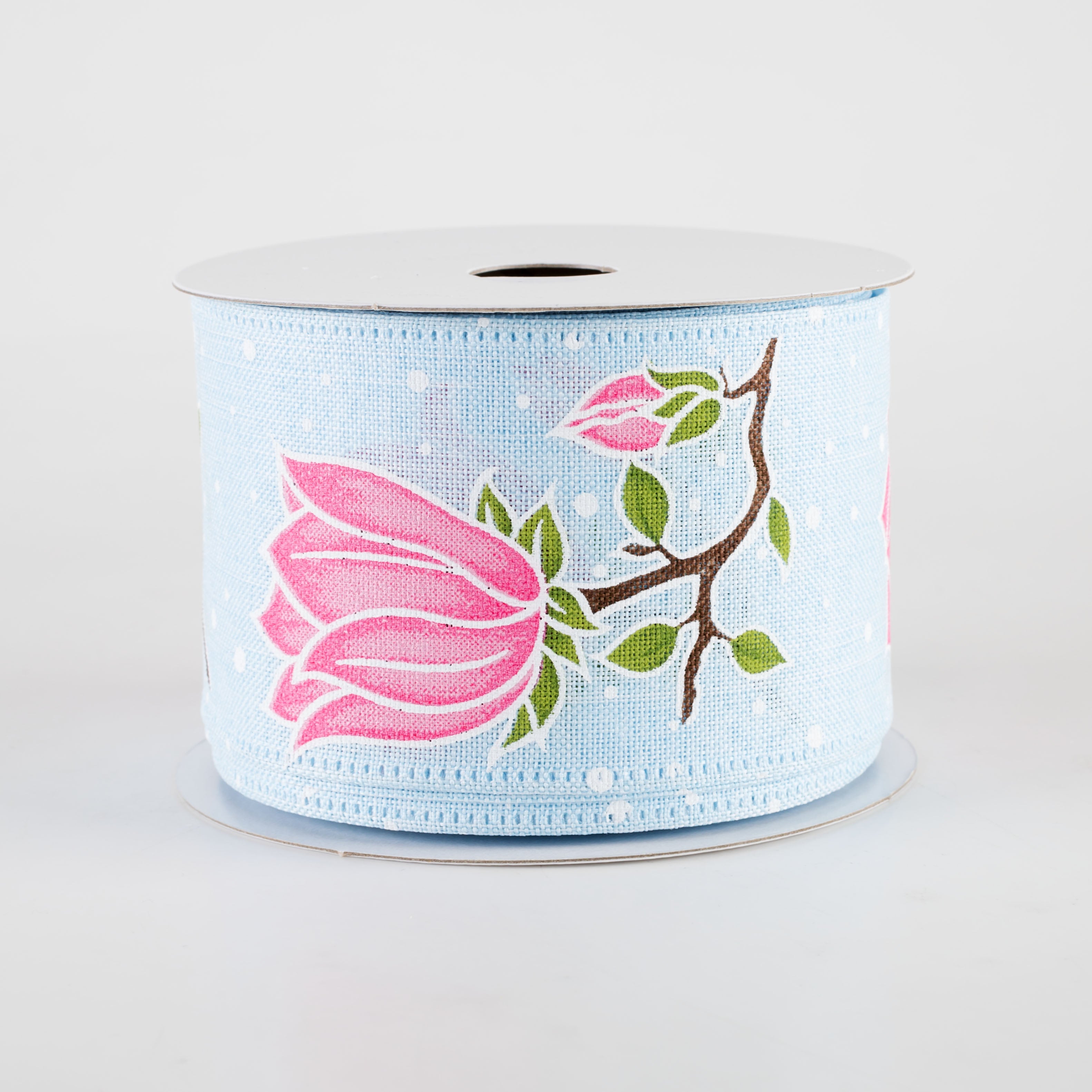 2.5" Linen Giant Tulips Ribbon: Light Blue (10 Yards)