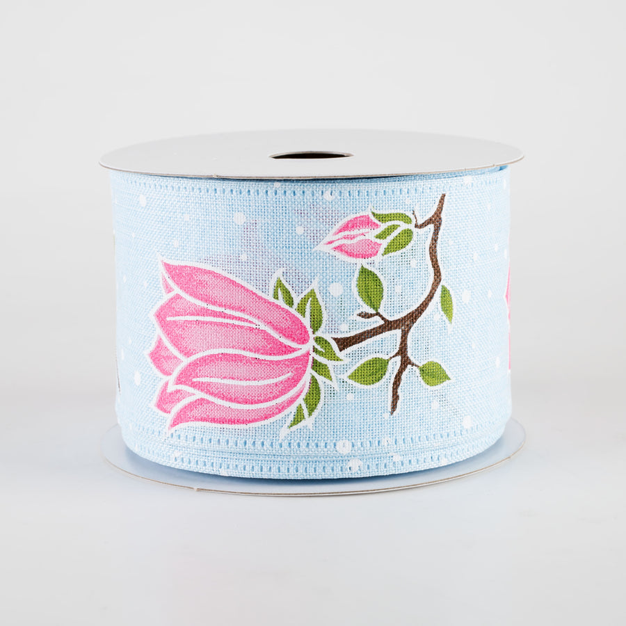 2.5" Linen Giant Tulips Ribbon: Light Blue (10 Yards)