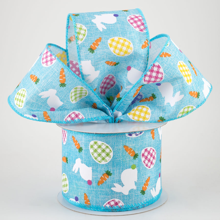 2.5" Linen Gingham Eggs and Bunnies Ribbon: Aqua Blue (10 Yards) Lifestyle Photo