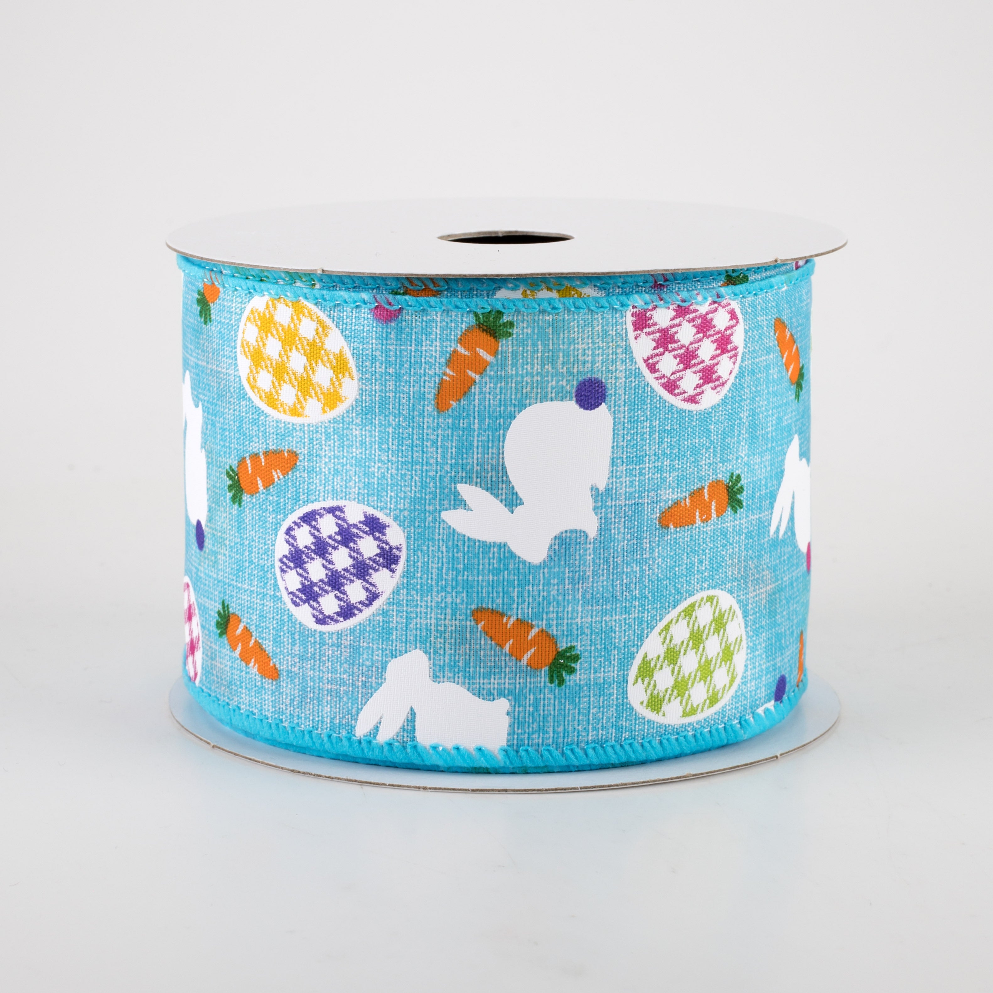 2.5" Linen Gingham Eggs and Bunnies Ribbon: Aqua Blue (10 Yards) Item Number: 31217-40-33