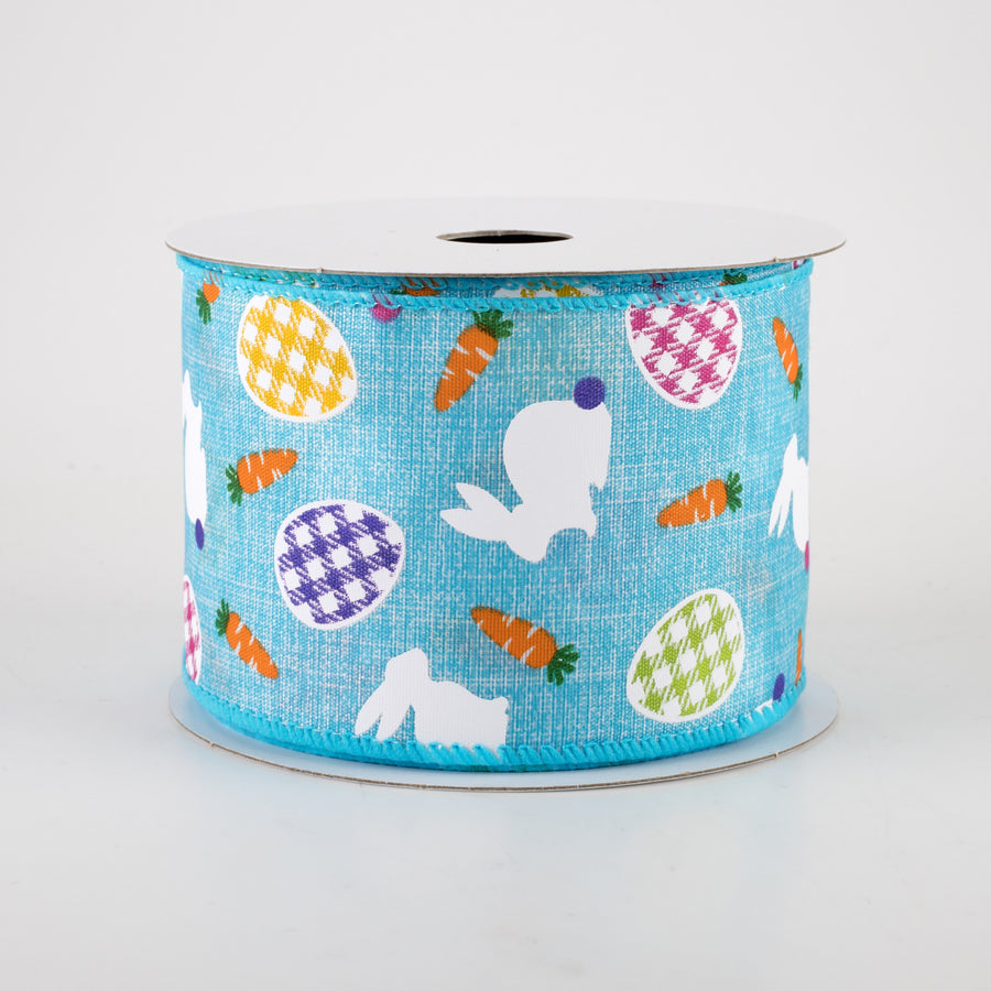 2.5" Linen Gingham Eggs and Bunnies Ribbon: Aqua Blue (10 Yards) Item Number: 31217-40-33