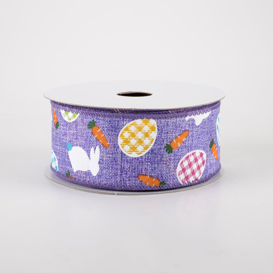 1.5" Linen Gingham Eggs and Bunnies Ribbon: Lavender (10 Yards) Item Number: 31217-09-48