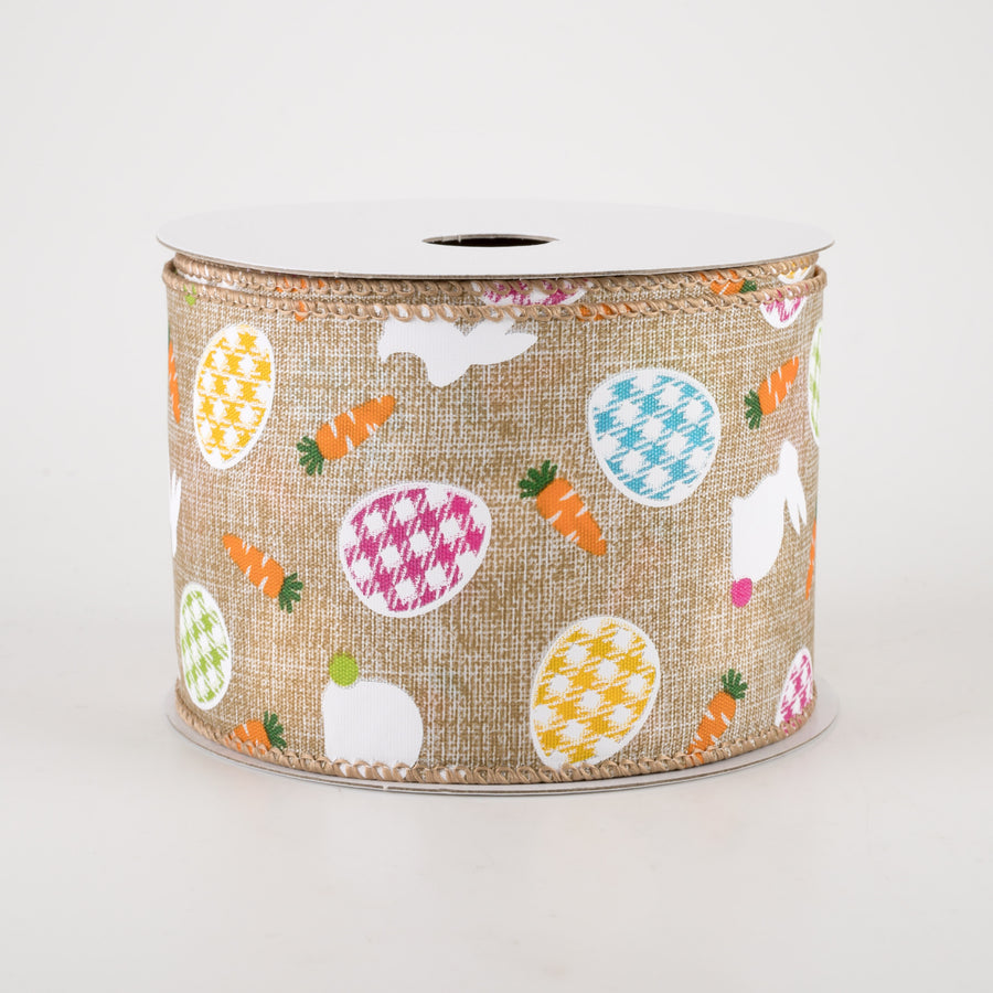 2.5" Linen Gingham Eggs and Bunnies Ribbon: Natural (10 Yards) Item Number: 31217-40-14