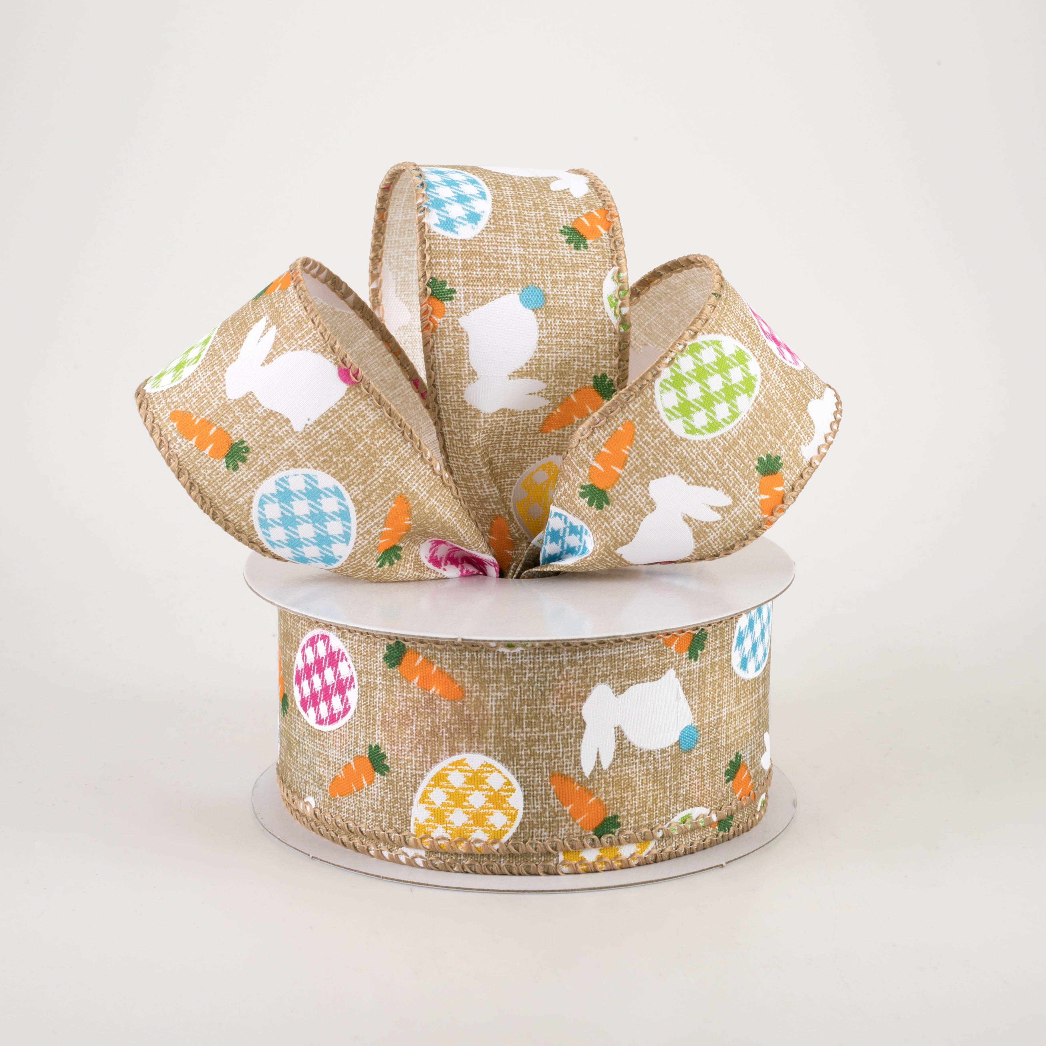 1.5" Linen Gingham Eggs and Bunnies Ribbon: Natural (10 Yards) Lifestyle Photo
