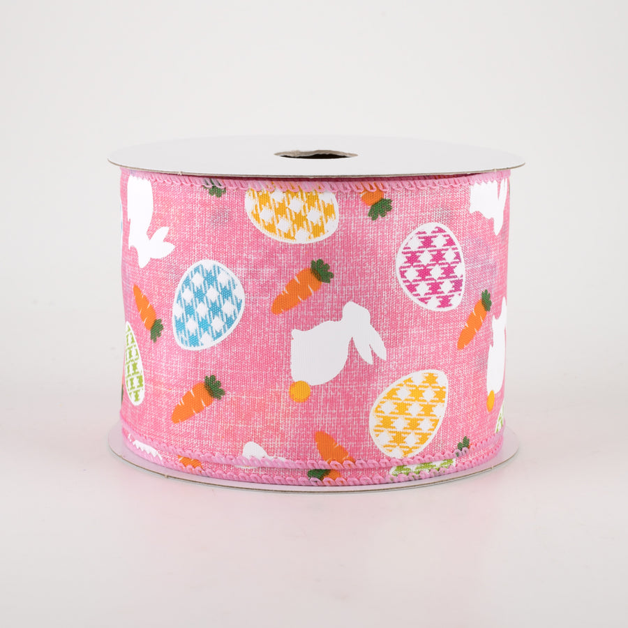 2.5" Linen Gingham Eggs and Bunnies Ribbon: Pink (10 Yards) Item Number: 31217-40-03