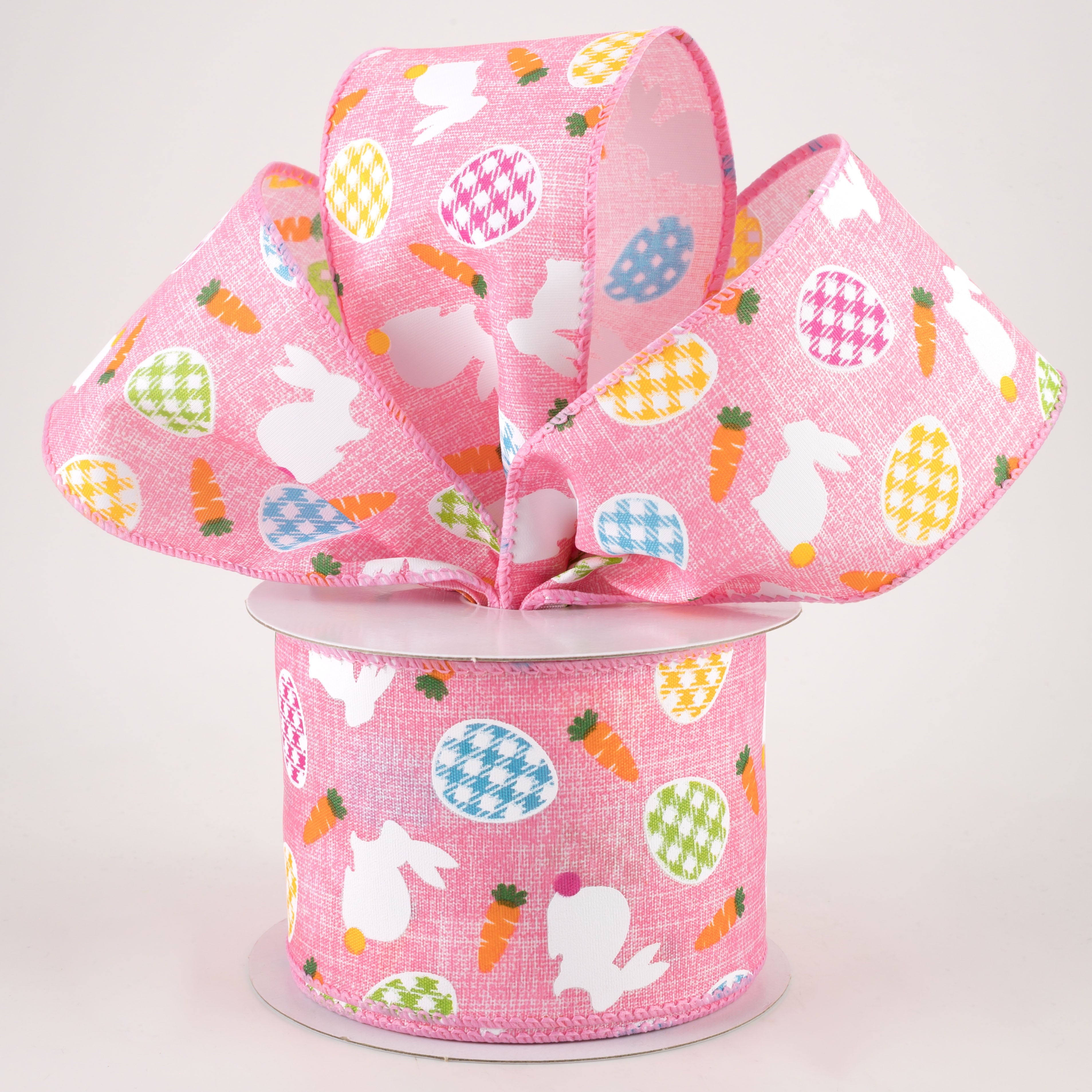 2.5" Linen Gingham Eggs and Bunnies Ribbon: Pink (10 Yards) Lifestyle Photo