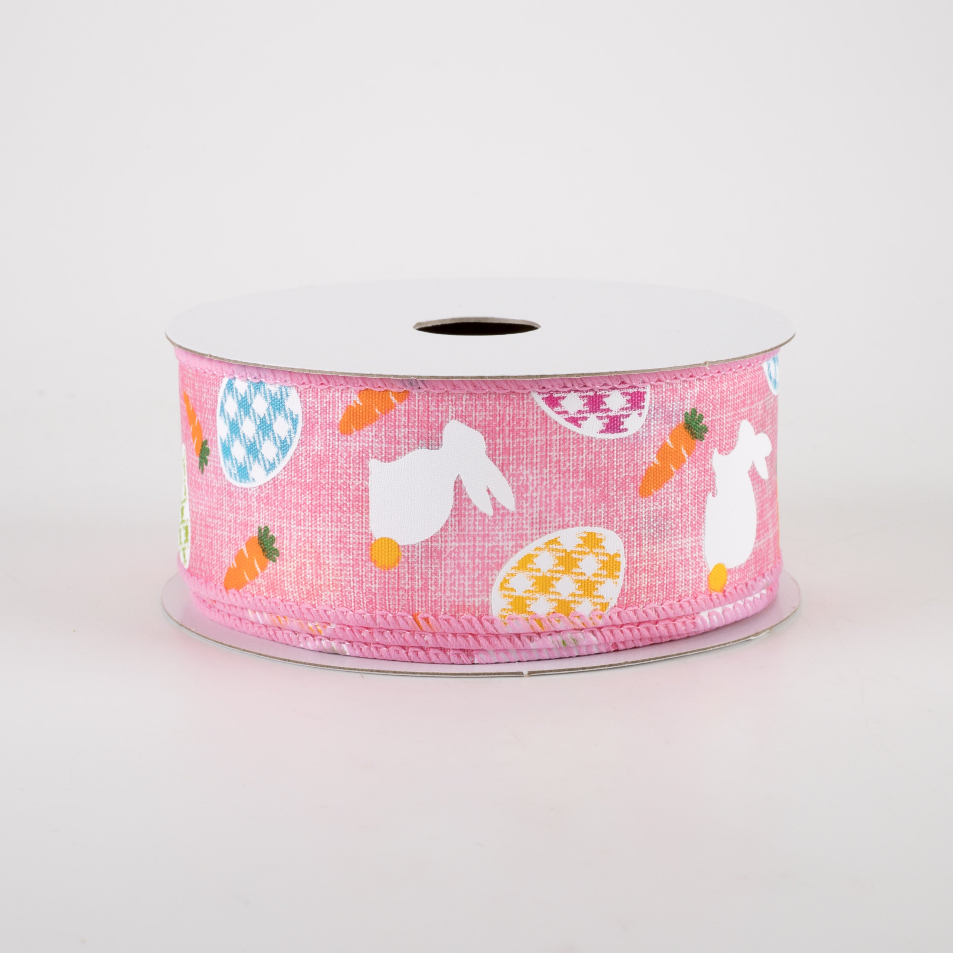 1.5" Linen Gingham Eggs and Bunnies Ribbon: Pink (10 Yards) Item Number: 31217-09-03