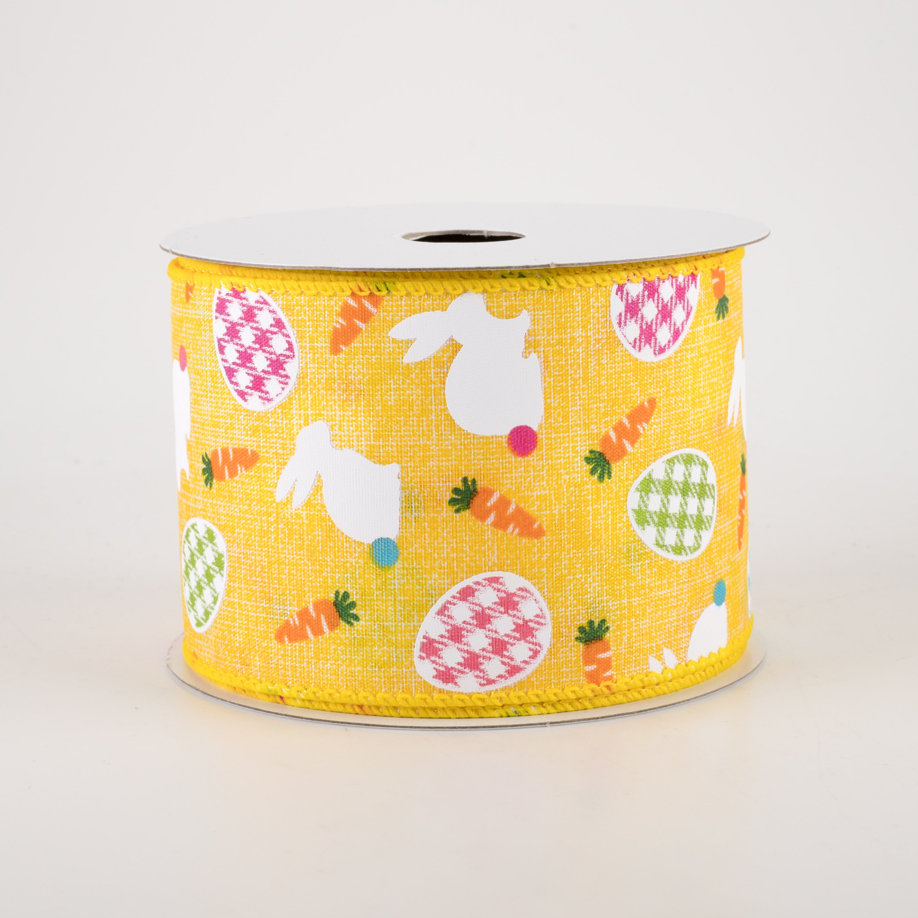 2.5" Linen Gingham Eggs and Bunnies Ribbon: Yellow (10 Yards) Item Number: 31217-40-22