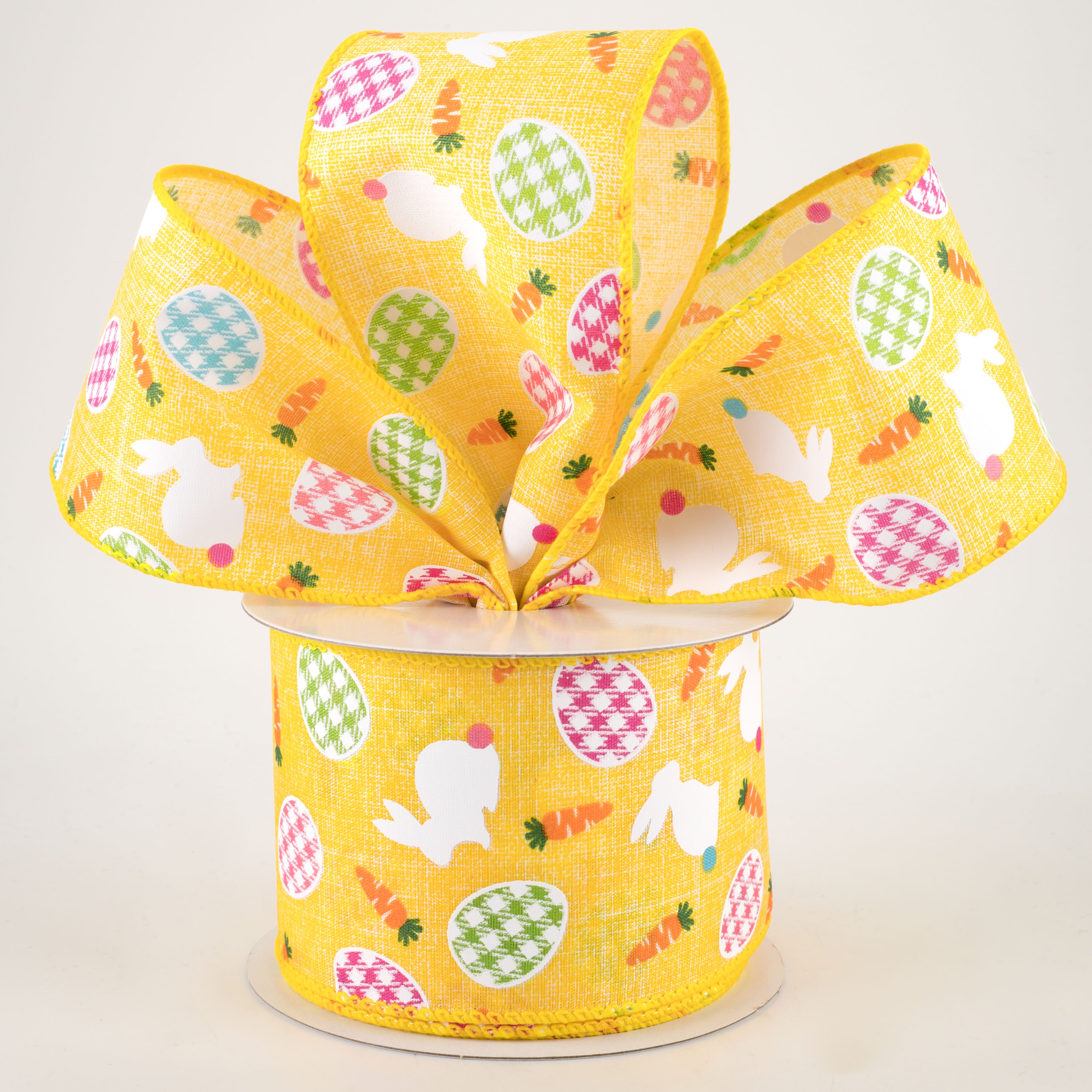 2.5" Linen Gingham Eggs and Bunnies Ribbon: Yellow (10 Yards) Lifestyle Photo