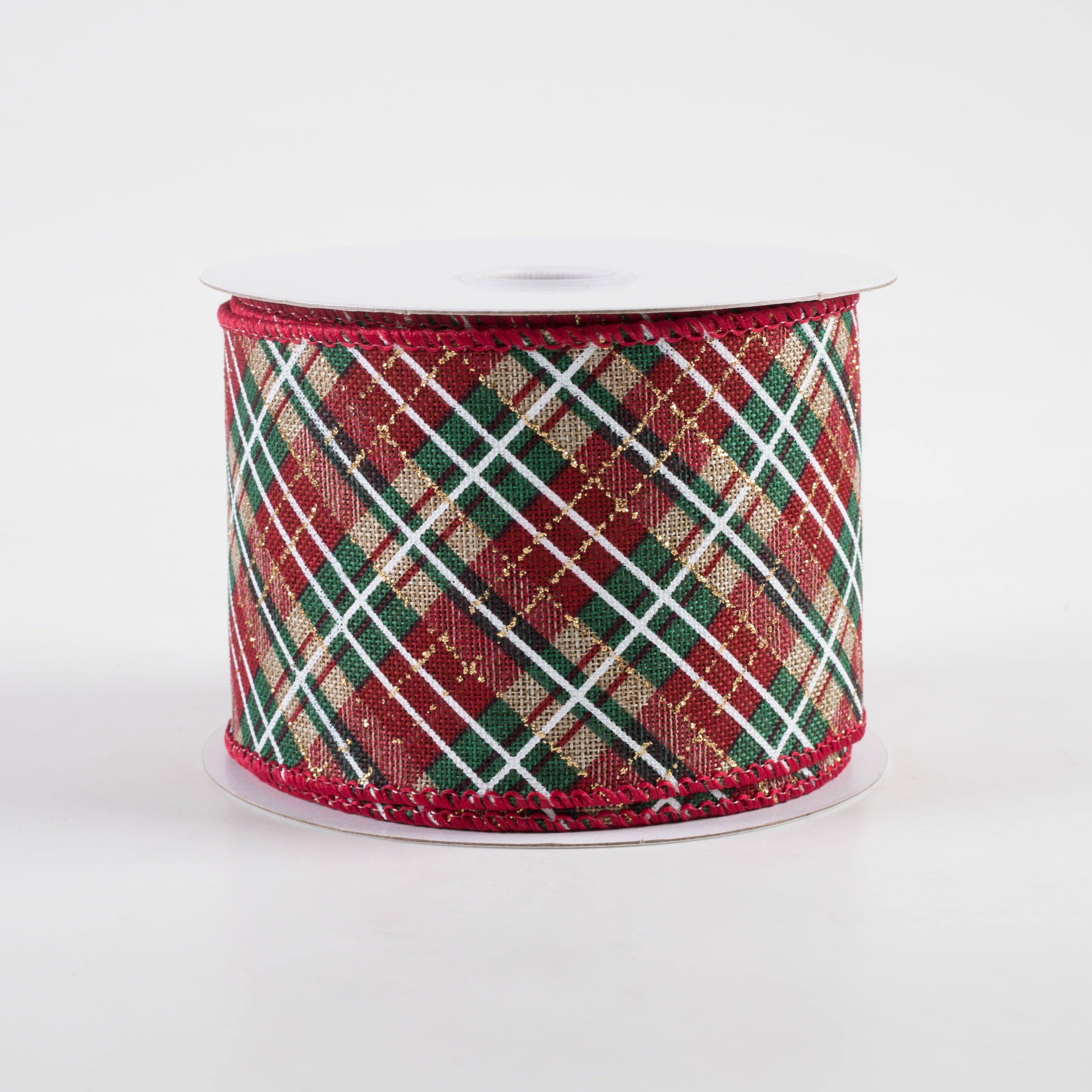 2.5" Linen Glitter Diagonal Plaid Ribbon: Natural, Red, Gold (10 Yards) Item Number: 71307-40-15
