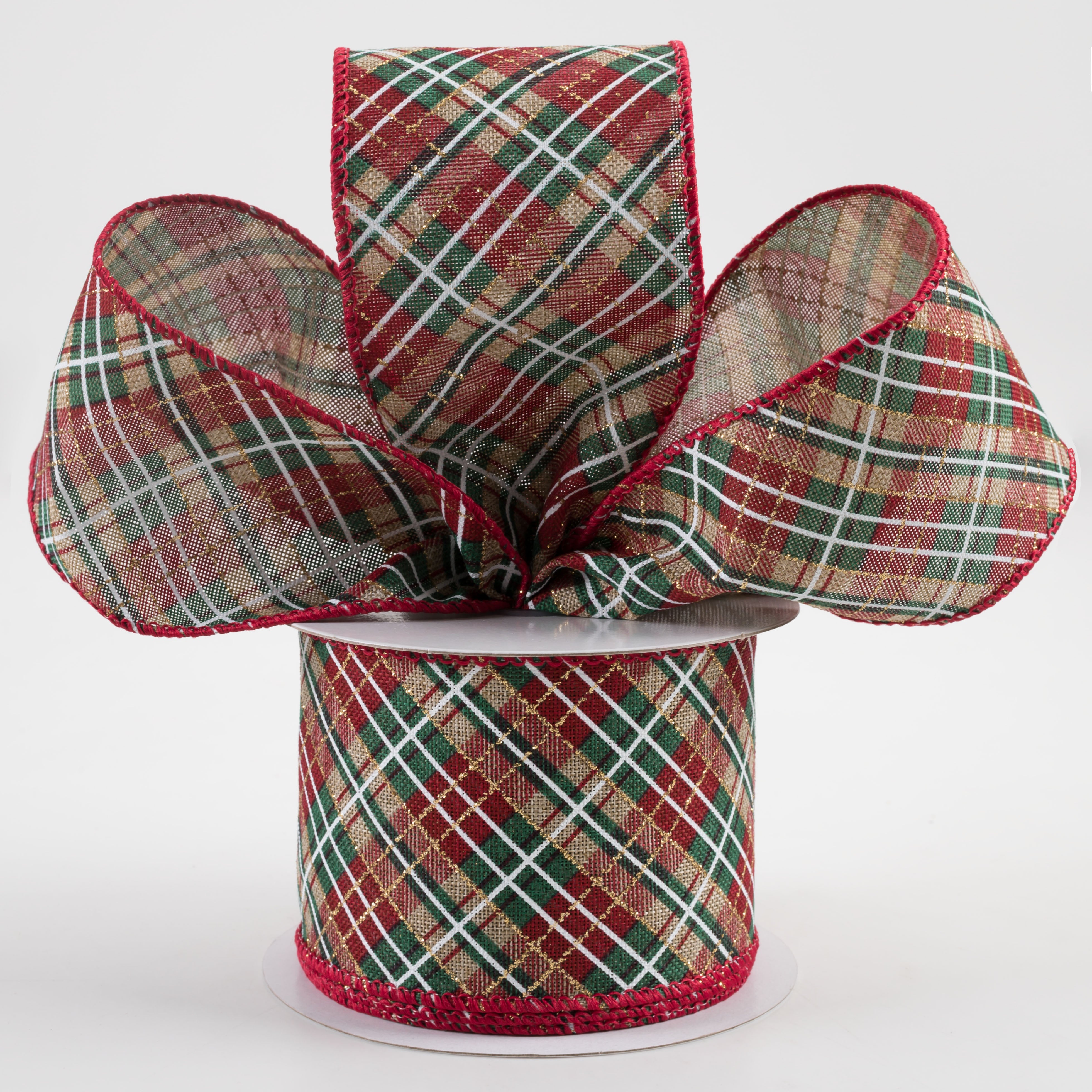 2.5" Linen Glitter Diagonal Plaid Ribbon: Natural, Red, Gold (10 Yards) Lifestyle Photo