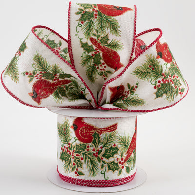 2.5" Linen Glitter Holly Cardinals Ribbon: White, Red, Gold (10 Yards) Lifestyle Photo