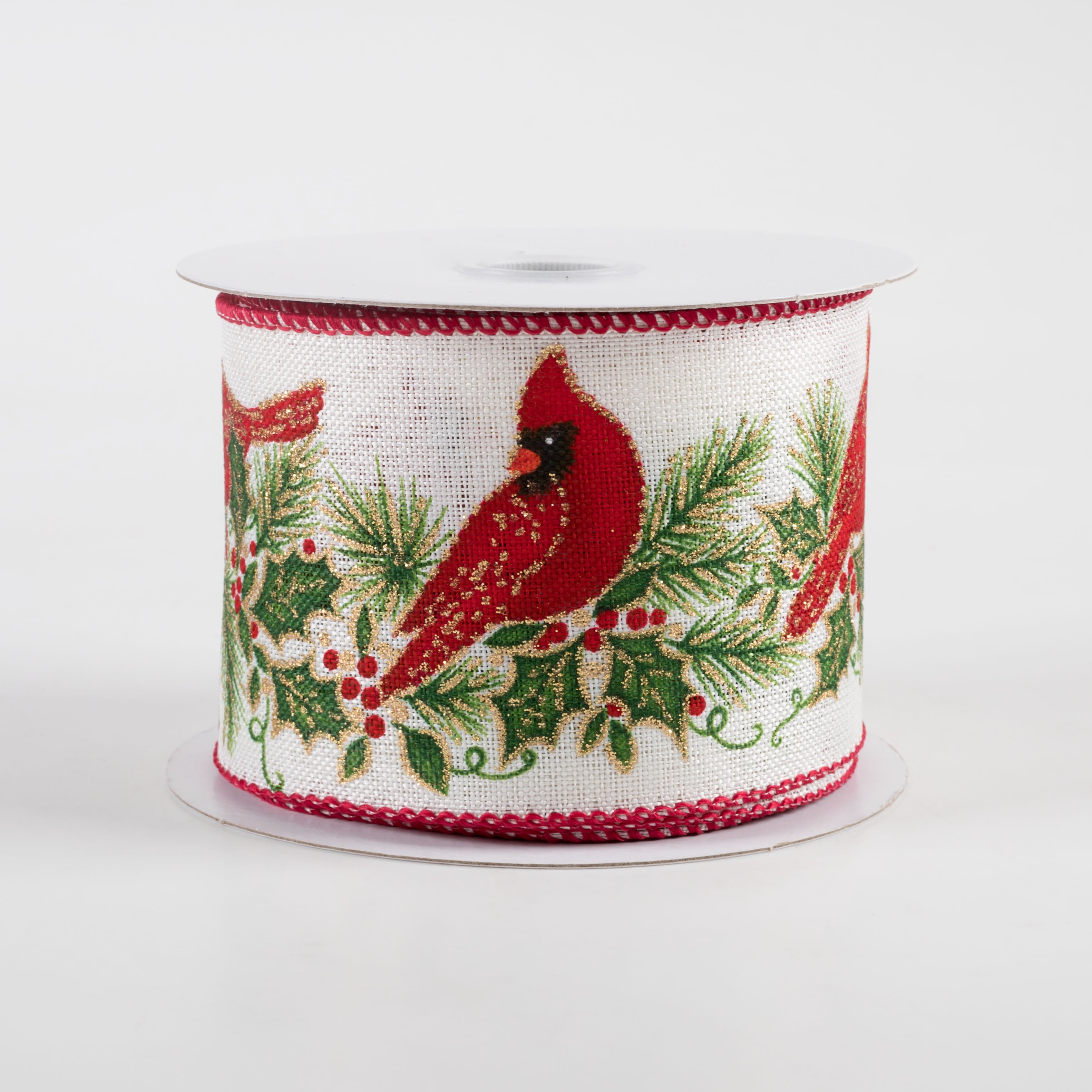 2.5" Linen Glitter Holly Cardinals Ribbon: White, Red, Gold (10 Yards) Item Number: 71312-40-12