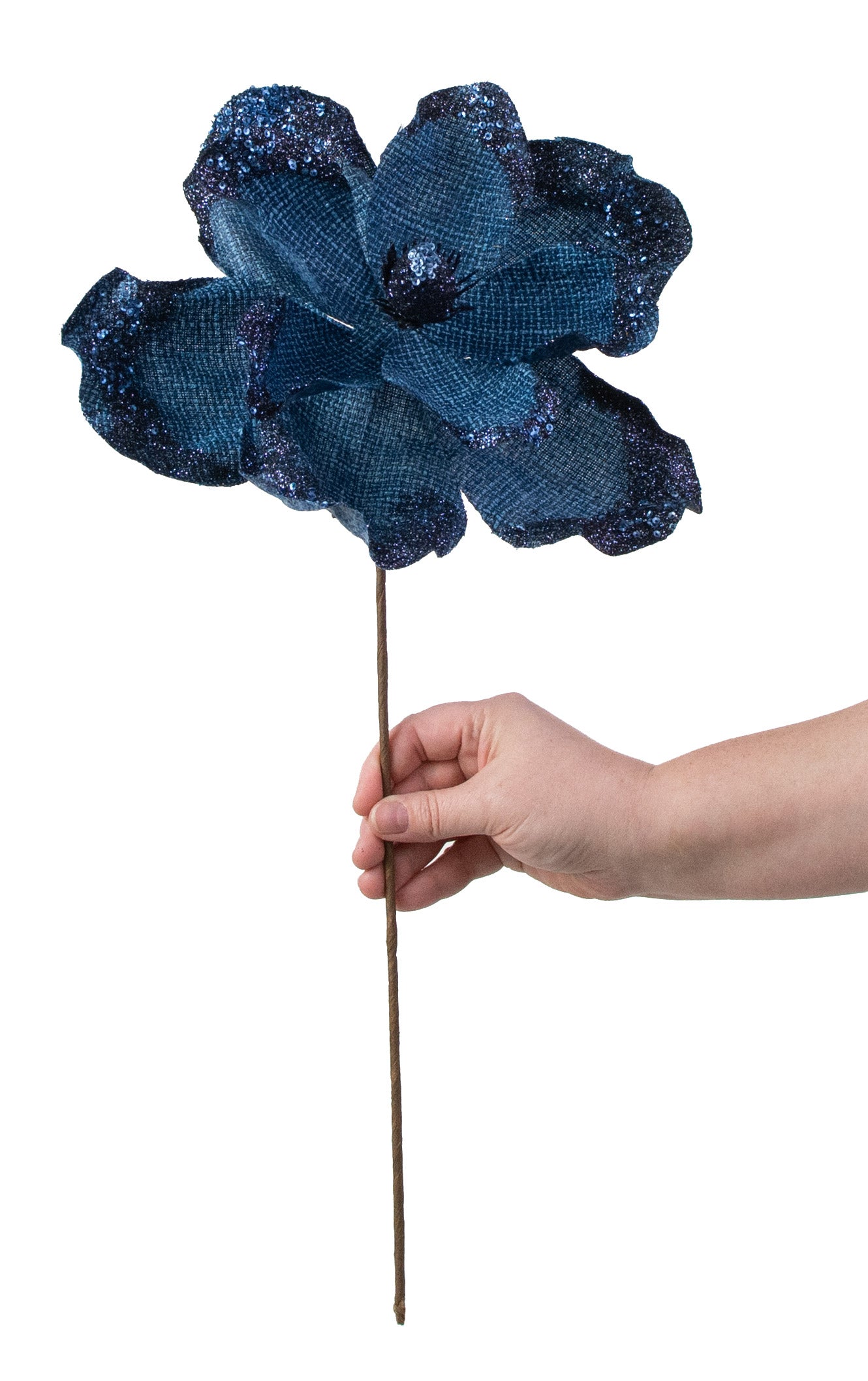 19" Linen Glitter Magnolia Stem: Royal Blue detail photo 3