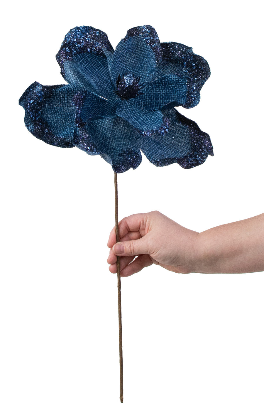19" Linen Glitter Magnolia Stem: Royal Blue detail photo 3