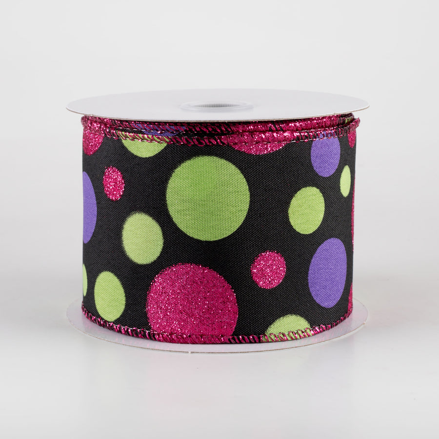 2.5" Linen Glitter Polka Dots Ribbon: Lime, Purple & Fuchsia on Black (10 Yards) Item Number: 51408-40-44