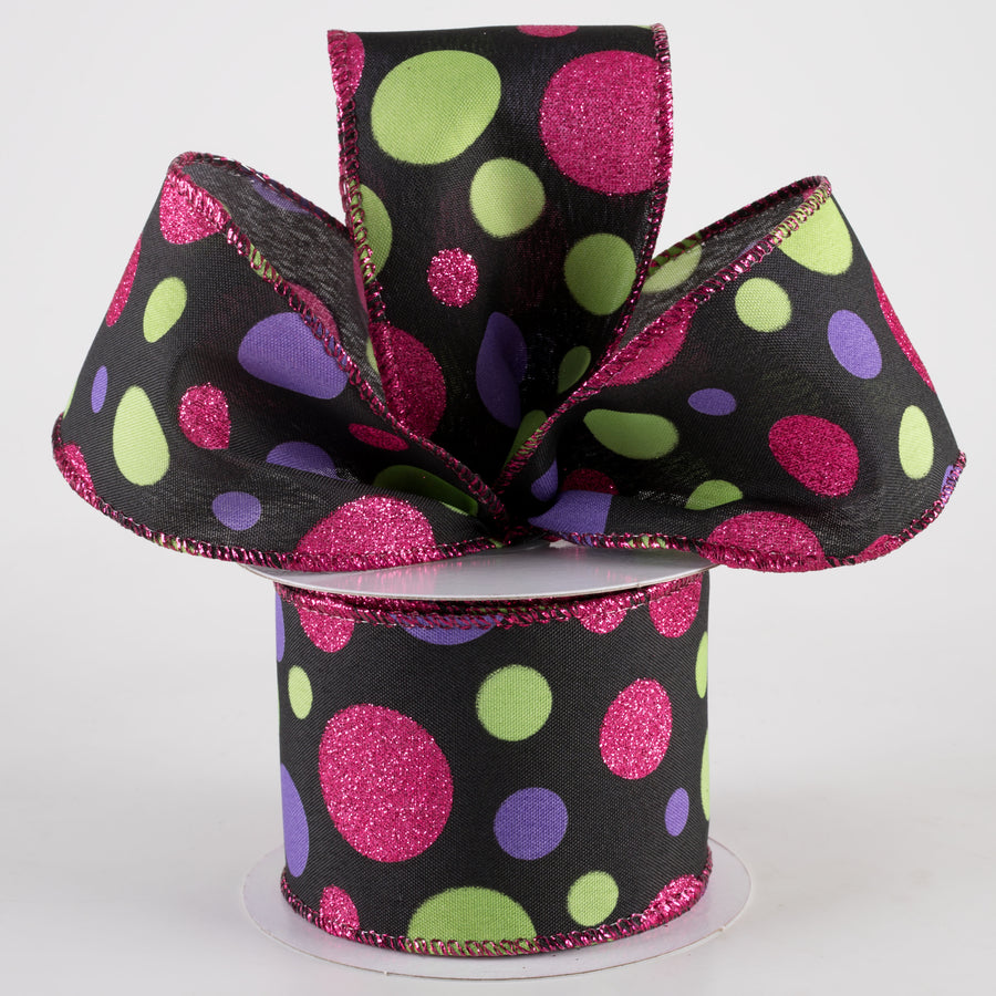 2.5" Linen Glitter Polka Dots Ribbon: Lime, Purple & Fuchsia on Black (10 Yards) Lifestyle Photo