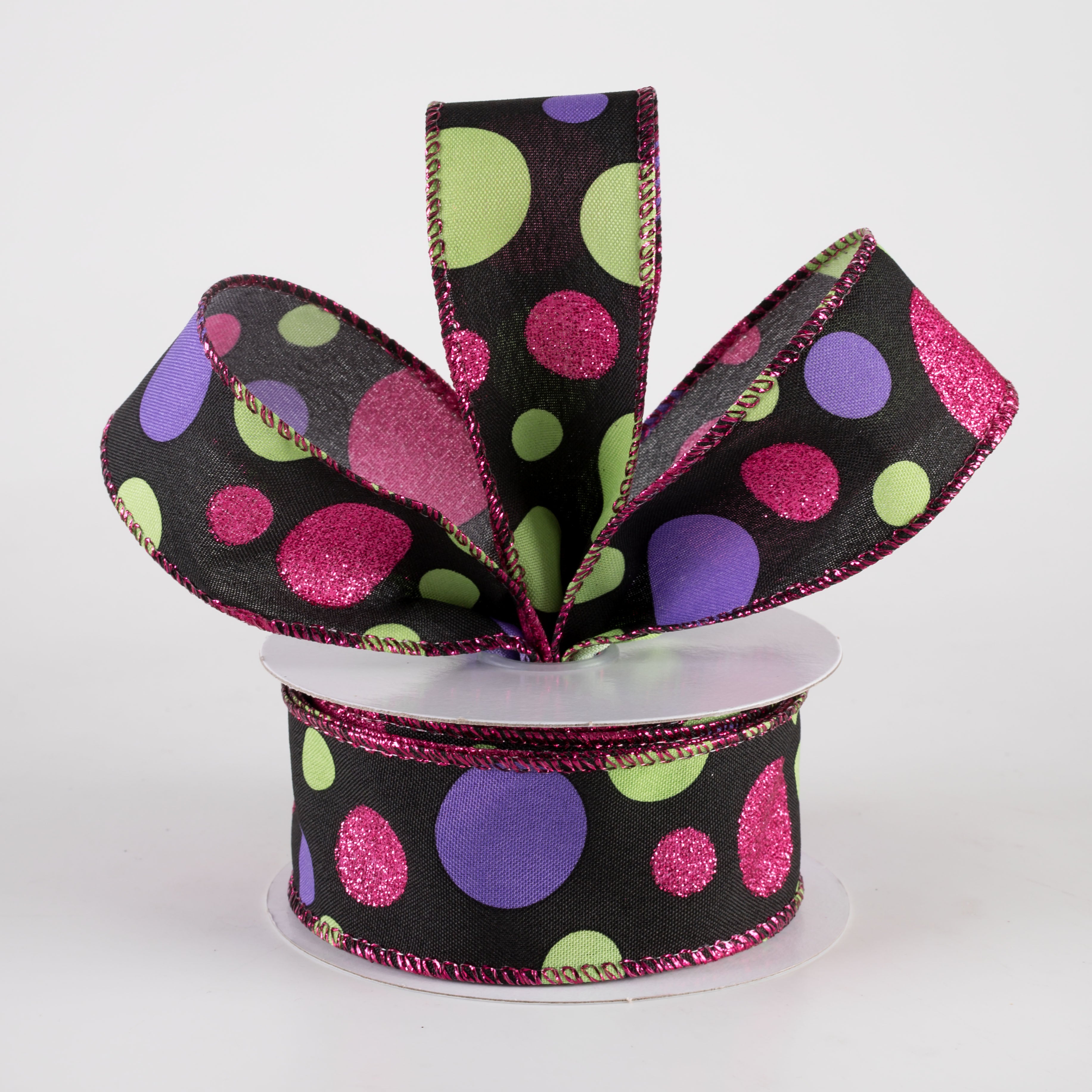 1.5" Linen Glitter Polka Dots Ribbon: Lime, Purple & Fuchsia on Black (10 Yards) Lifestyle Photo
