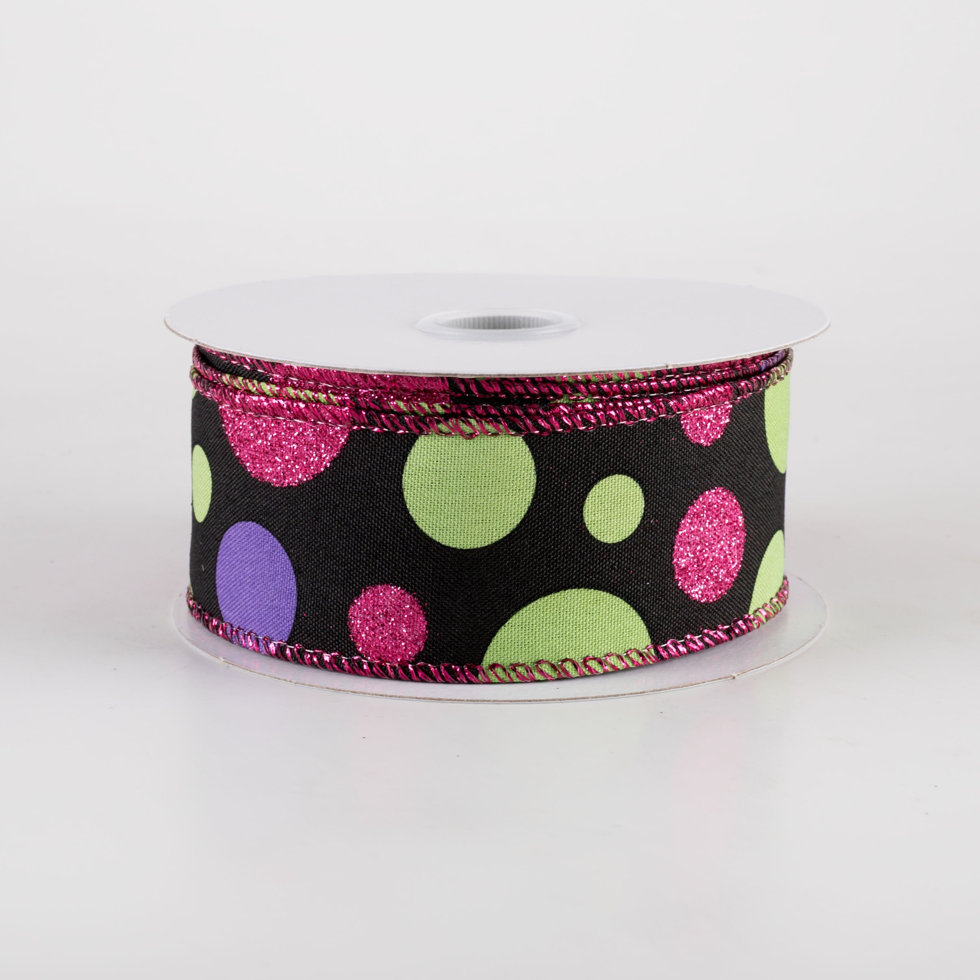 1.5" Linen Glitter Polka Dots Ribbon: Lime, Purple & Fuchsia on Black (10 Yards) Item Number: 51408-09-44