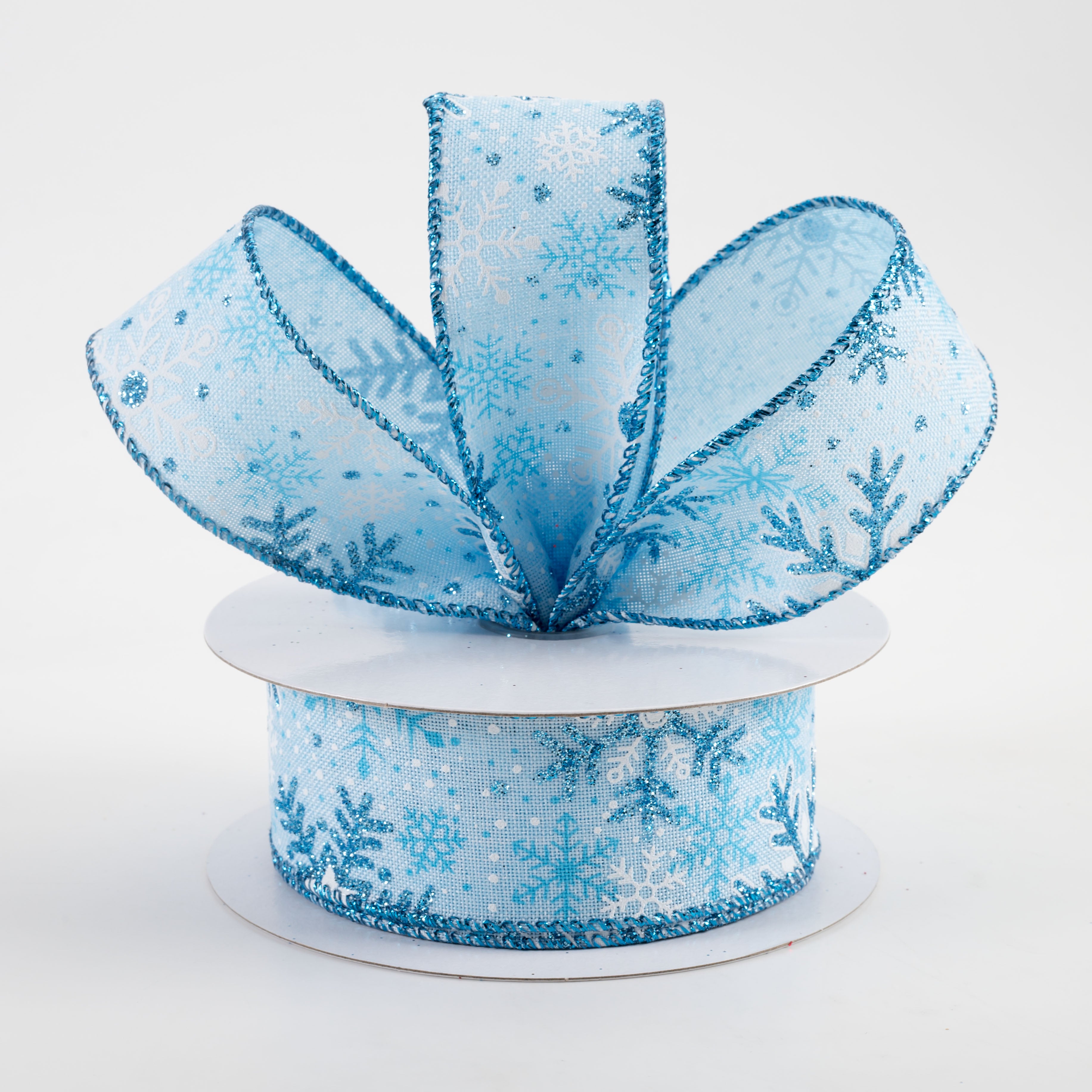 1.5" Linen Glitter Snowflakes & Dots Ribbon: Light Blue (10 Yards) Lifestyle Photo
