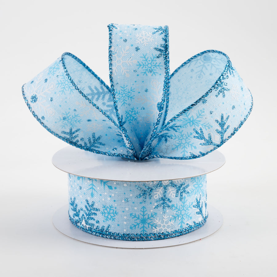 1.5" Linen Glitter Snowflakes & Dots Ribbon: Light Blue (10 Yards) Lifestyle Photo