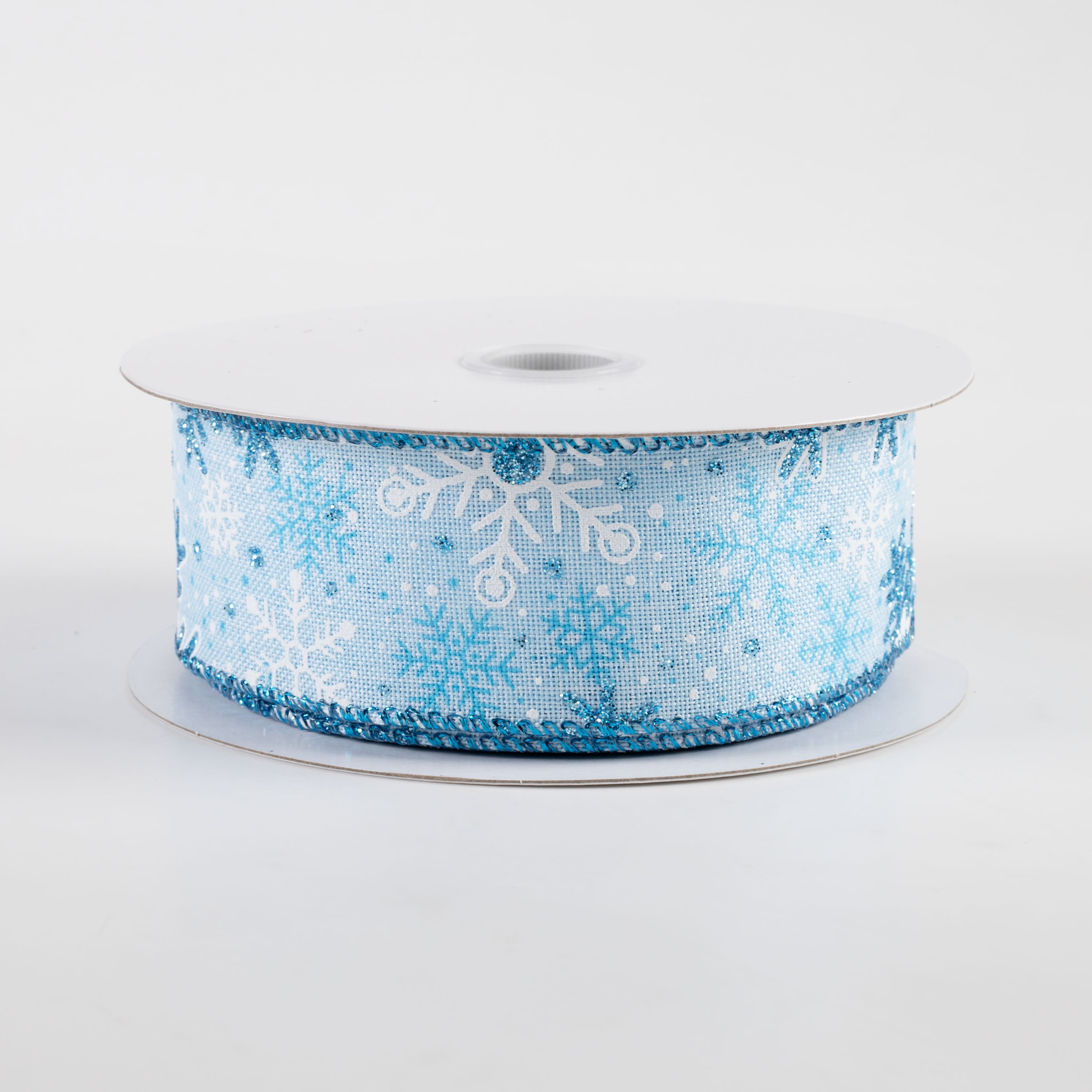 1.5" Linen Glitter Snowflakes & Dots Ribbon: Light Blue (10 Yards)