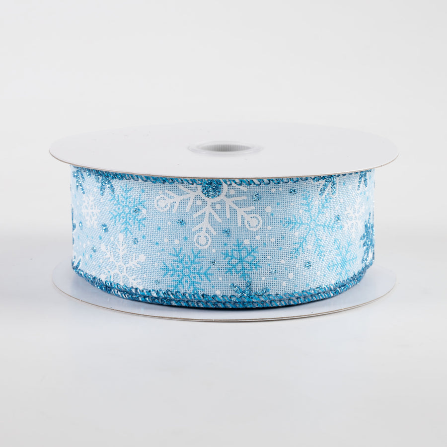 1.5" Linen Glitter Snowflakes & Dots Ribbon: Light Blue (10 Yards)