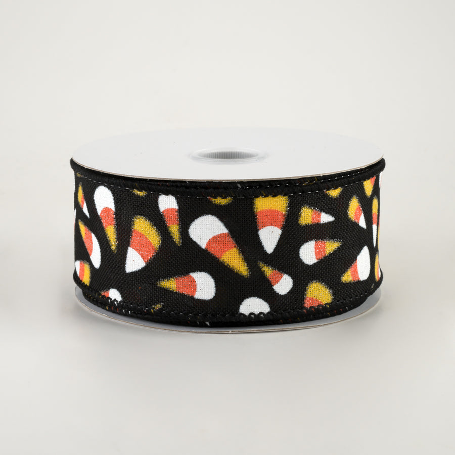 1.5" Linen Glittered Candy Corn Ribbon: Black (10 Yards)