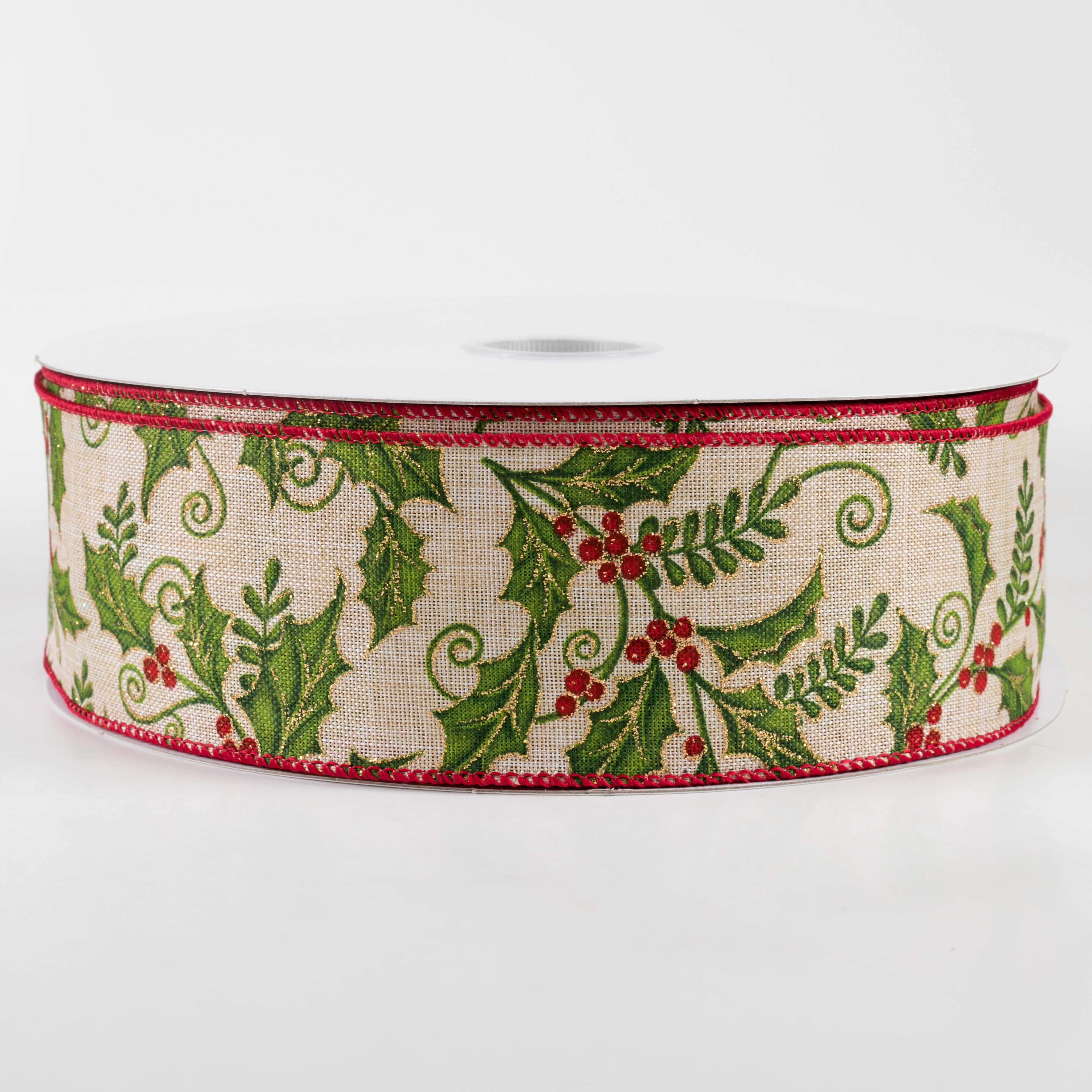 2.5" Linen Glittered Holly Berries Ribbon: Natural (50 Yards)