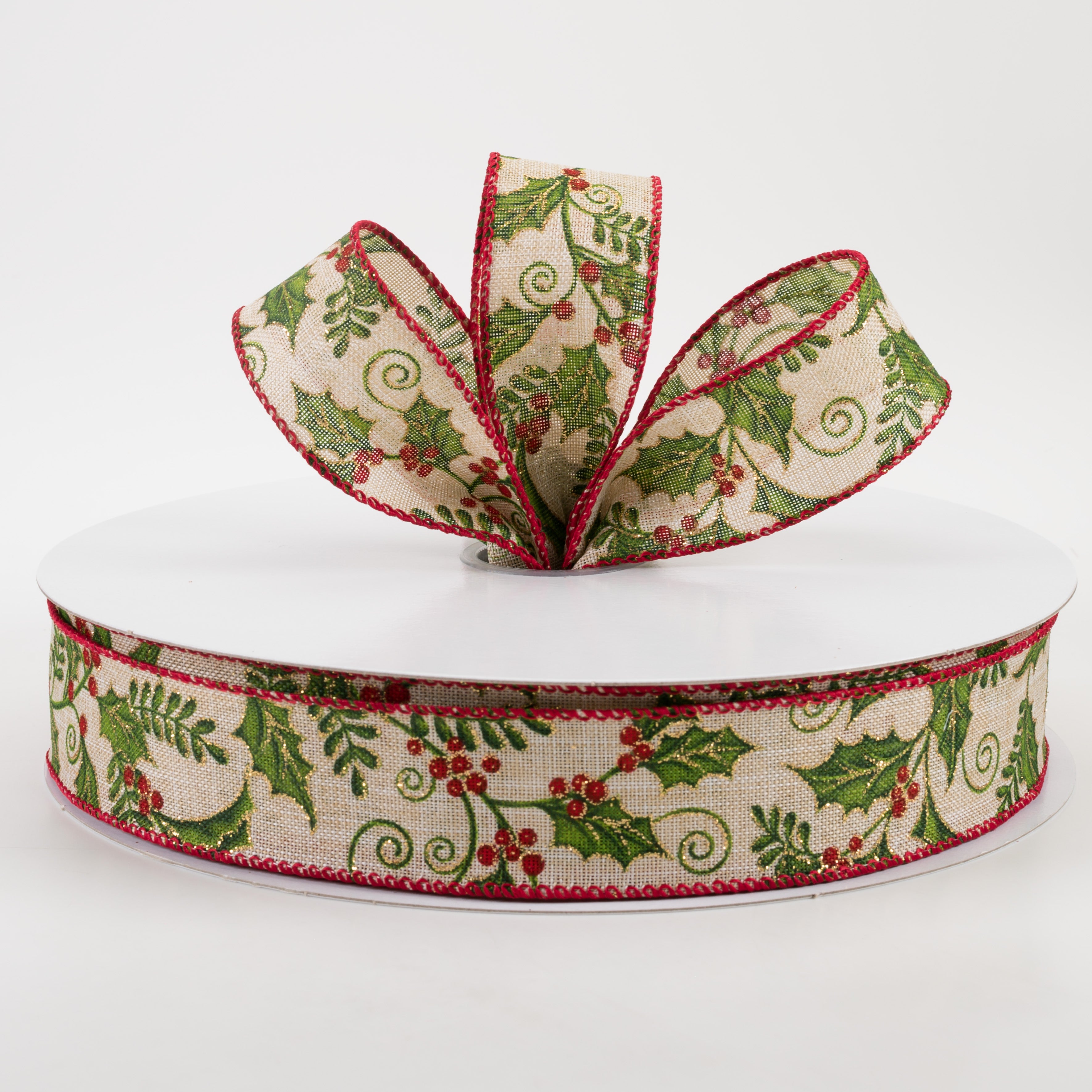 1.5" Linen Glittered Holly Berries Ribbon: Natural (50 Yards) Lifestyle Photo
