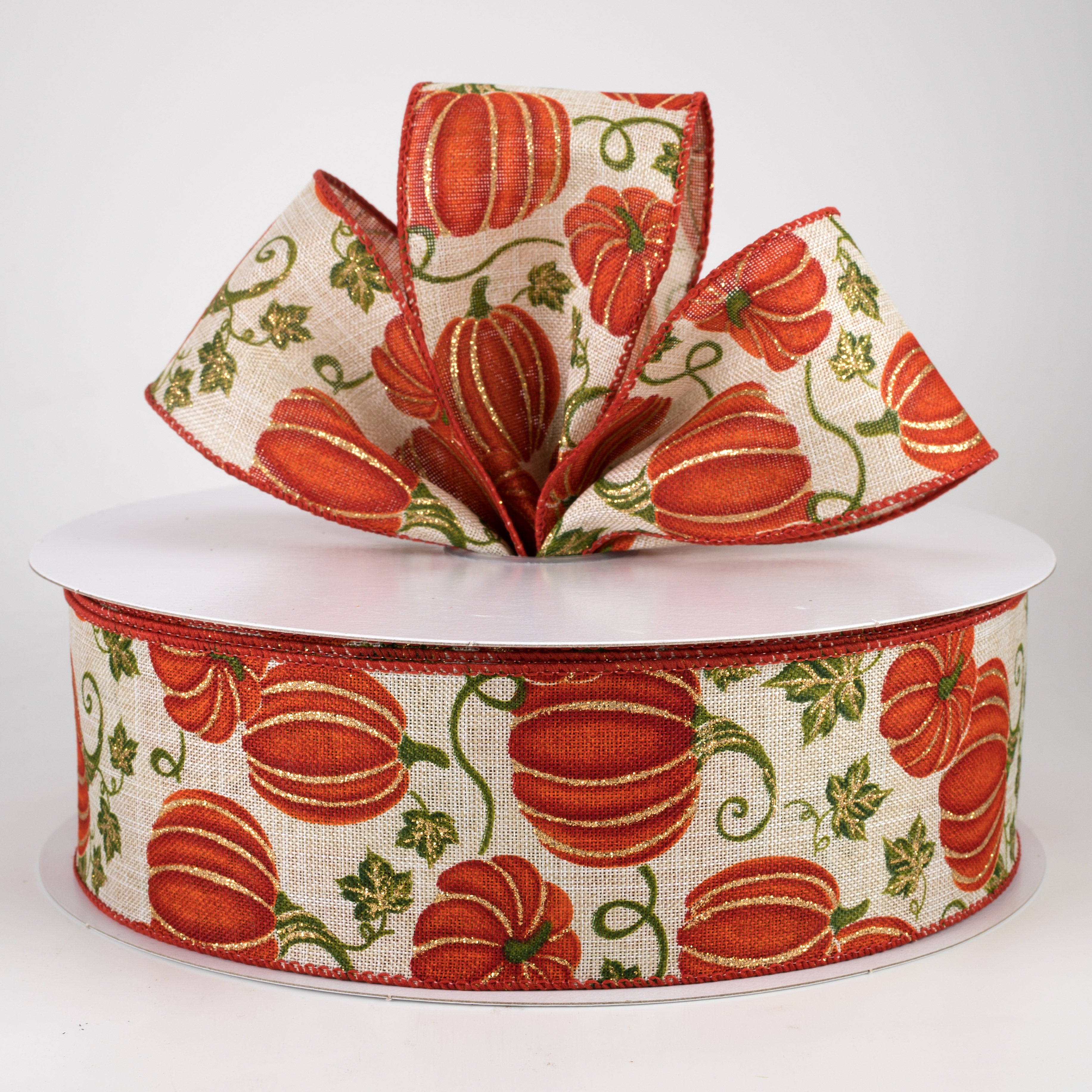 2.5" Linen Glittered Pumpkin Ribbon: Natural (50 Yards) Lifestyle Photo