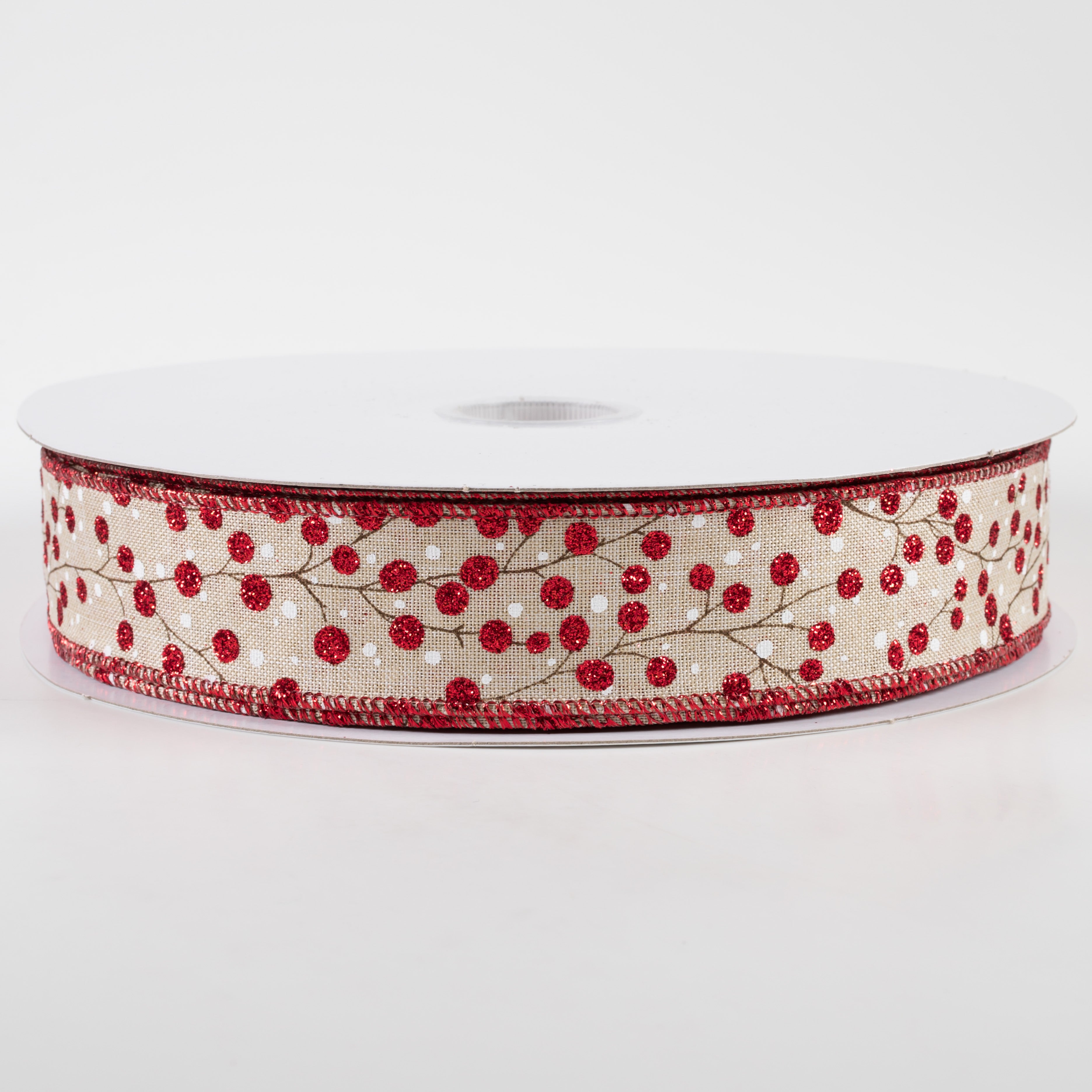 1.5" Linen Glittered Red Berry Branches Ribbon: Natural (50 Yards)