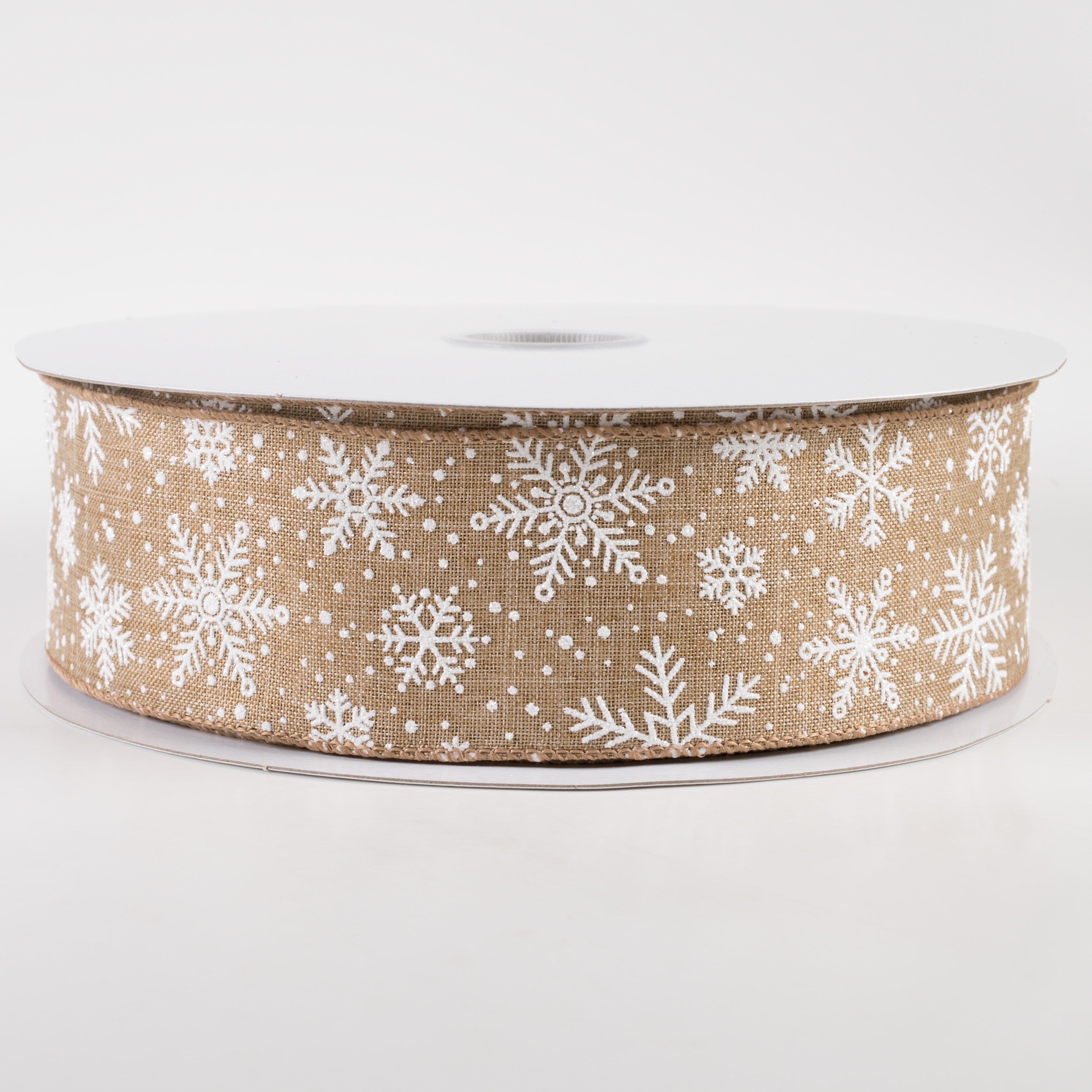 2.5" Linen Glittered Snowflakes Ribbon: Natural (50 Yards)