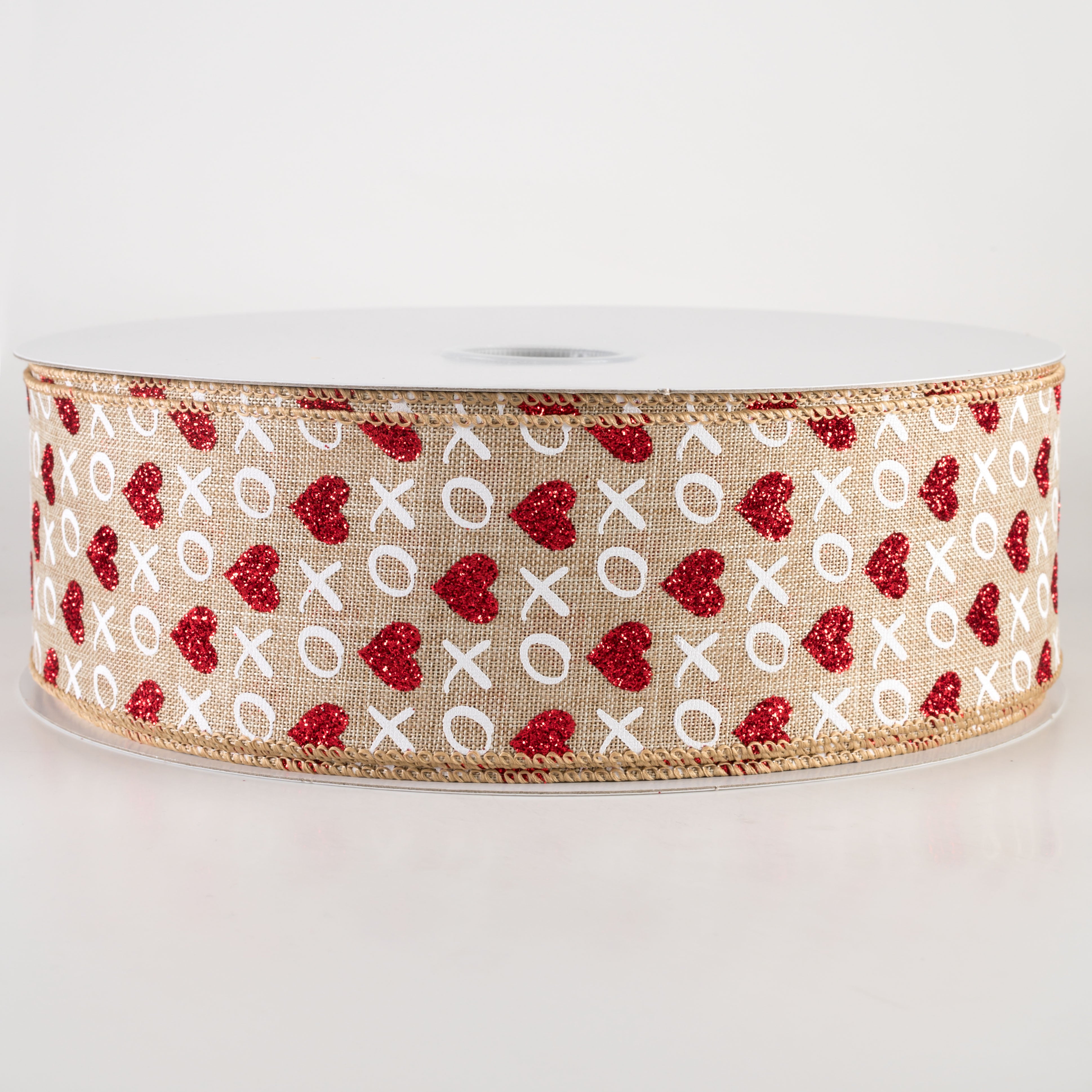2.5" Linen Glittered XOXO Hearts Ribbon: Natural (50 Yards) Item Number: 811-40-302