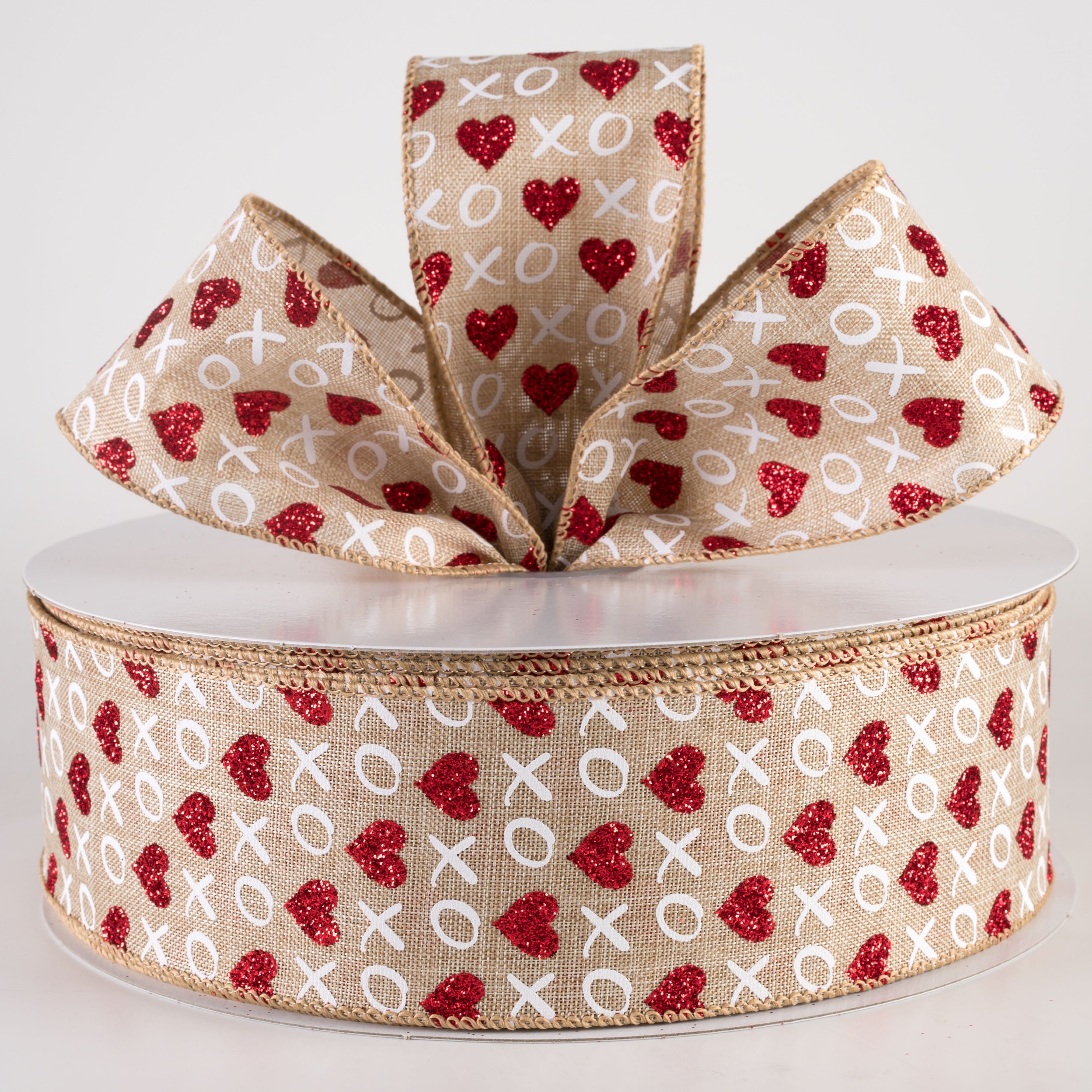 2.5" Linen Glittered XOXO Hearts Ribbon: Natural (50 Yards) Lifestyle Photo