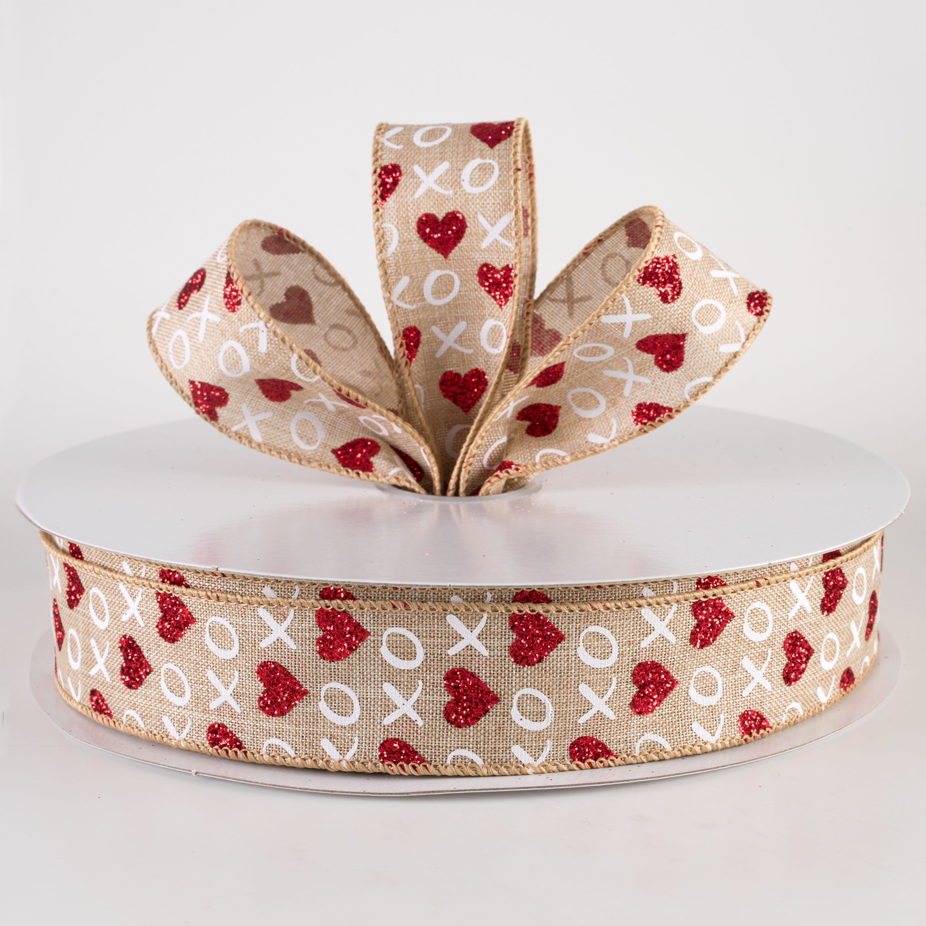 1.5" Linen Glittered XOXO Hearts Ribbon: Natural (50 Yards) Lifestyle Photo