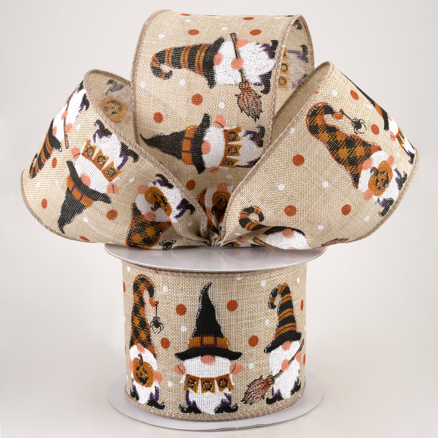 2.5" Linen Halloween Gnomes Ribbon: Natural (10 Yards) Lifestyle Photo