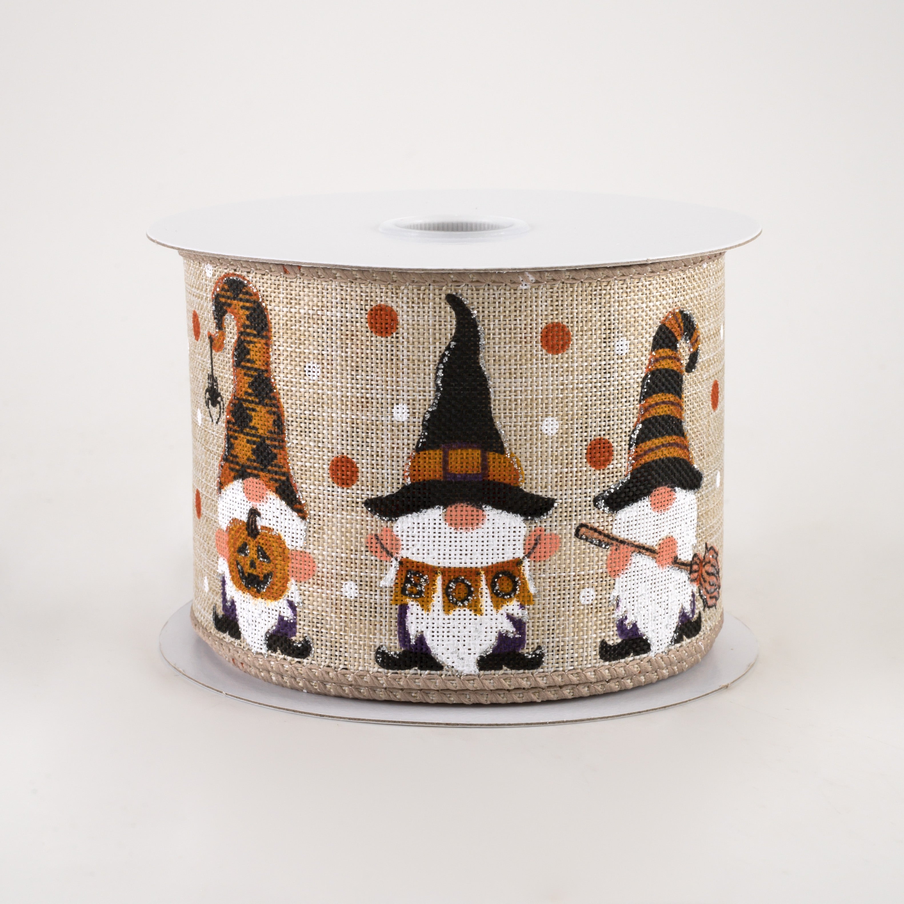 2.5" Linen Halloween Gnomes Ribbon: Natural (10 Yards)