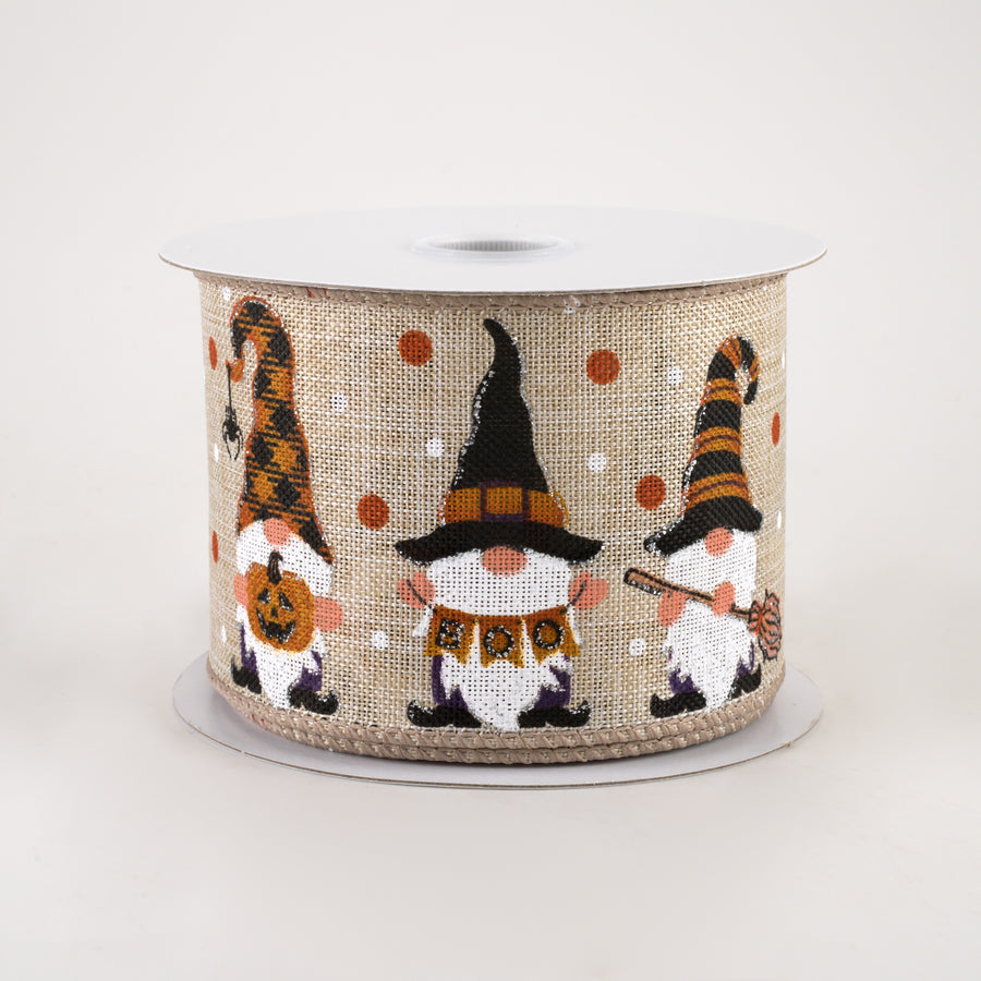 2.5" Linen Halloween Gnomes Ribbon: Natural (10 Yards)
