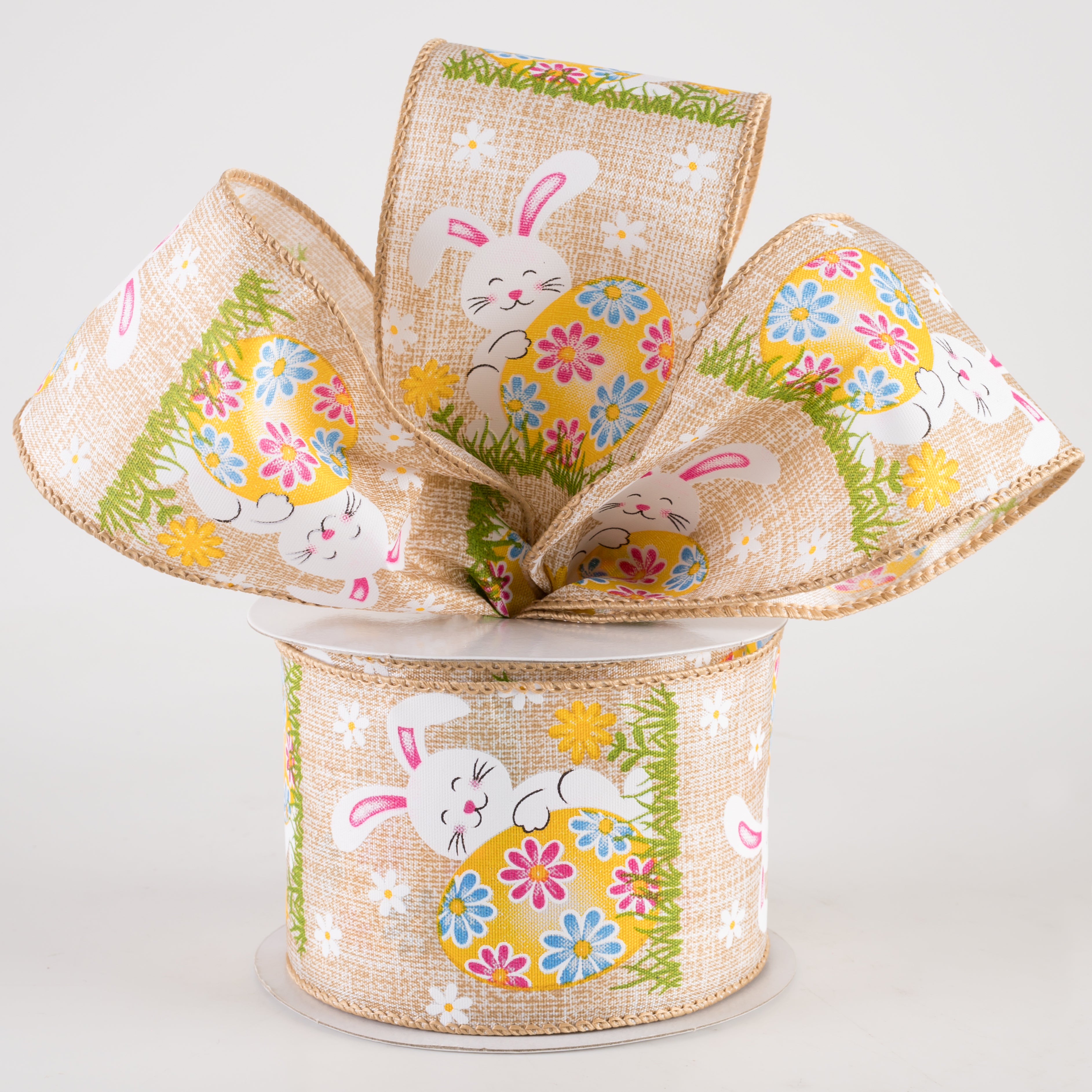 2.5" Linen Happy Bunny Egg Ribbon: Natural (10 Yards) Lifestyle Photo