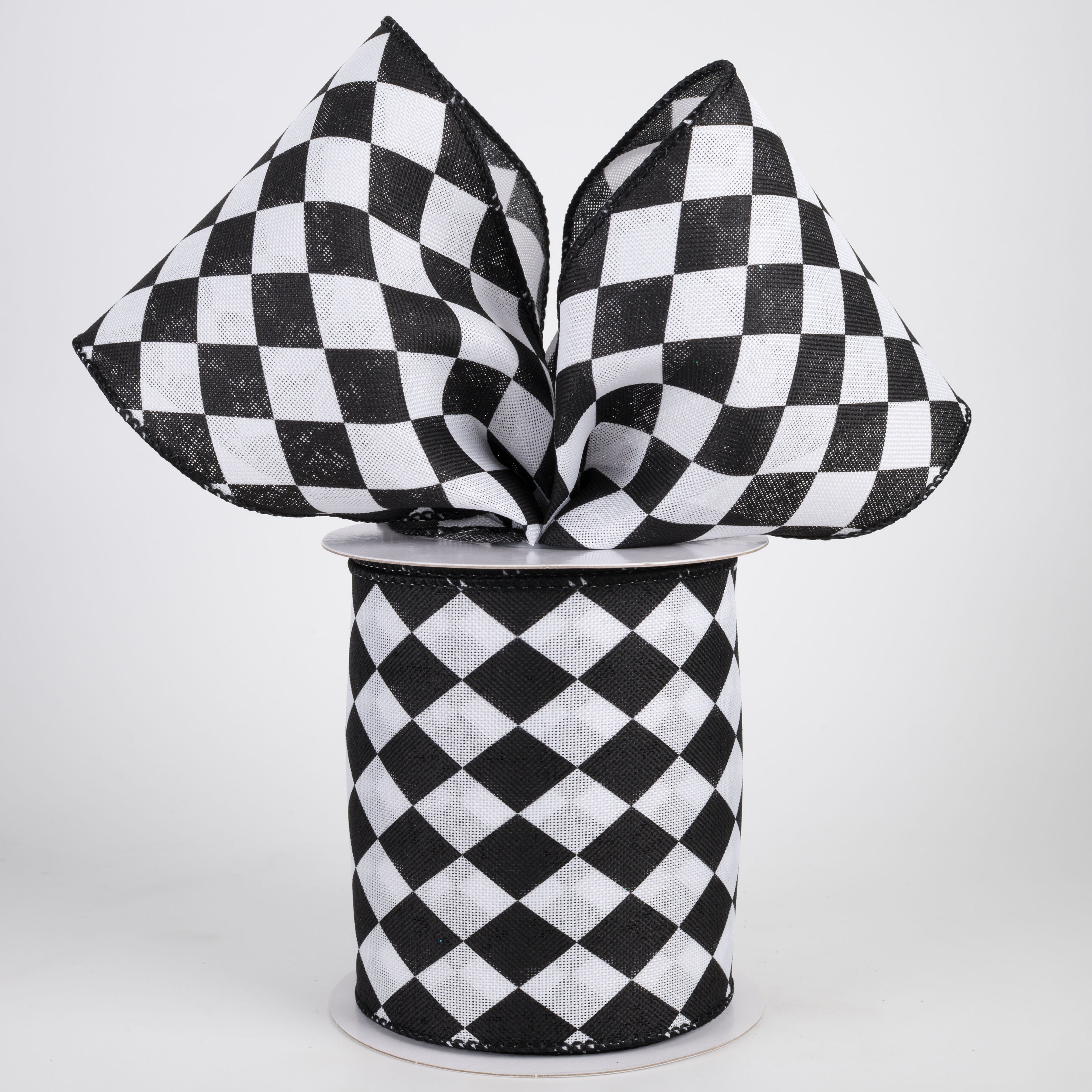 4" Linen Harlequin Print Ribbon: Black & White (10 Yards) Lifestyle Photo