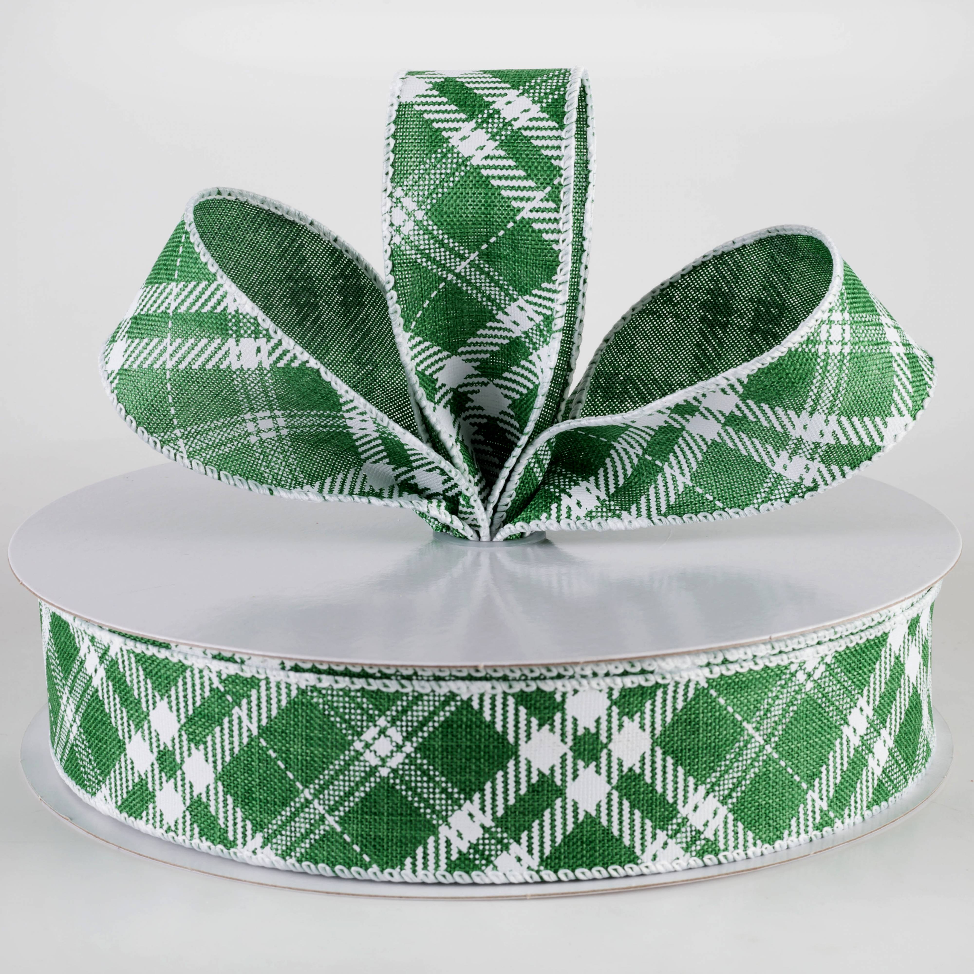 1.5" Linen Hazel Diagonal Plaid Ribbon: Green (50 Yards) Lifestyle Photo