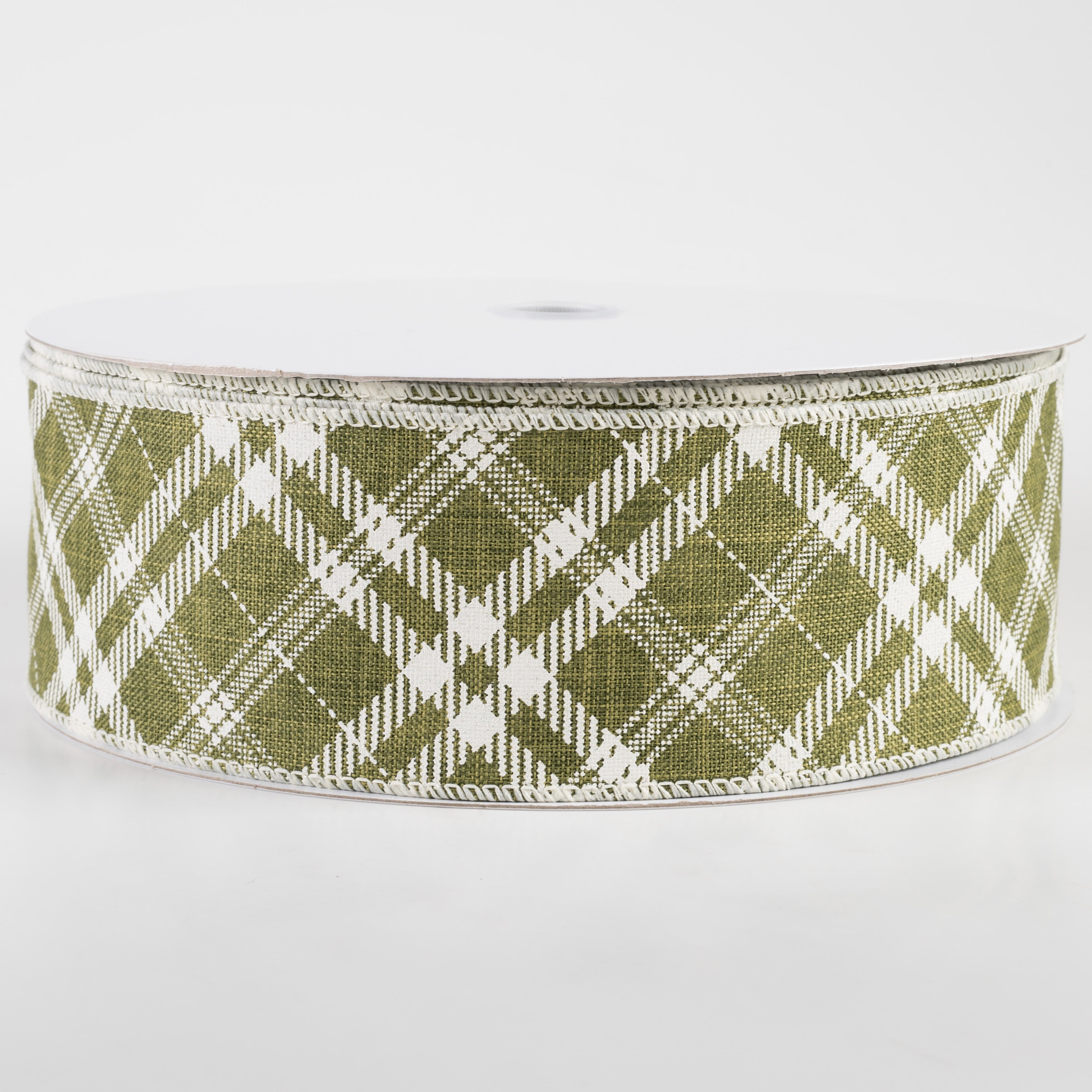 2.5" Linen Hazel Diagonal Plaid Ribbon: Moss Green (50 Yards)