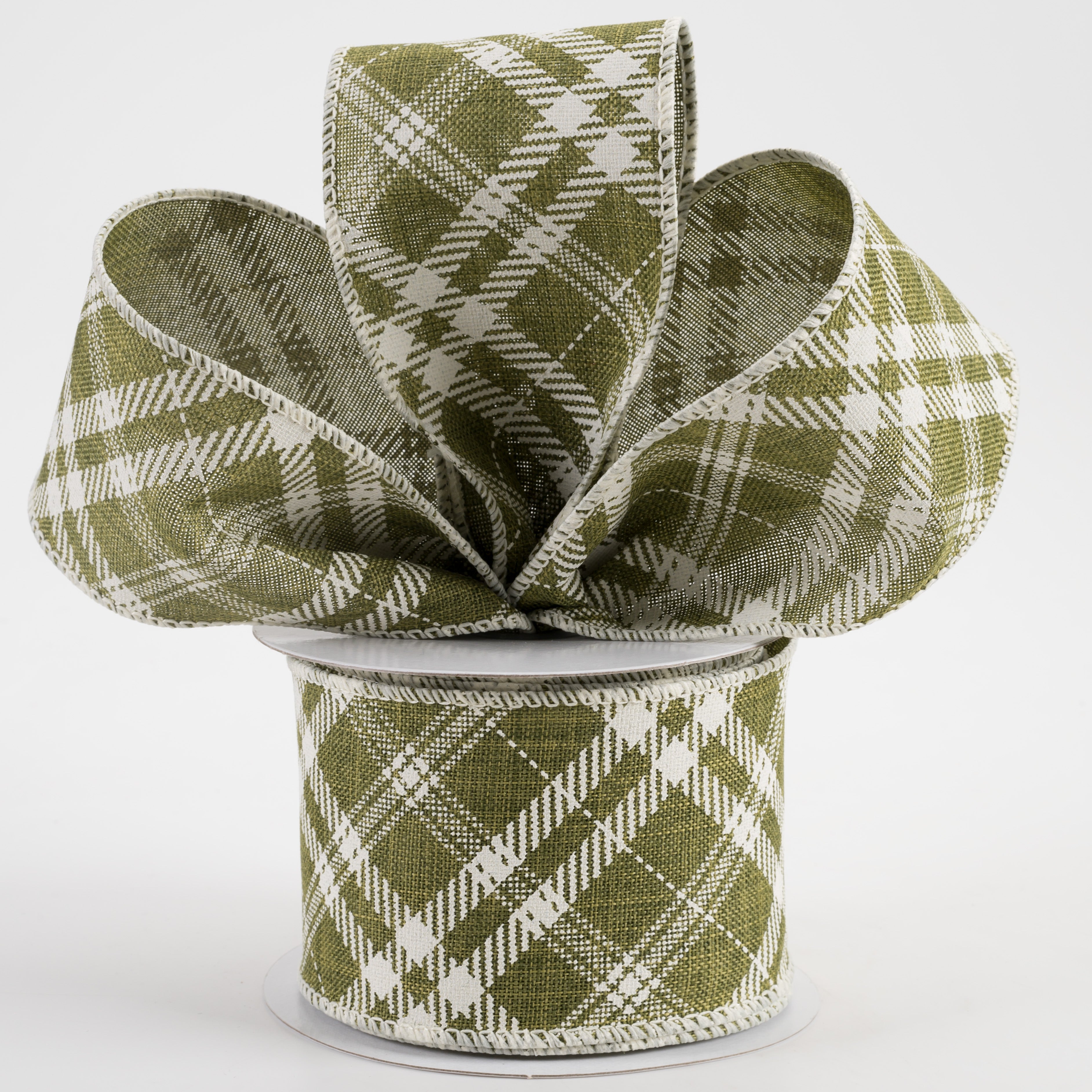 2.5" Linen Hazel Diagonal Plaid Ribbon: Moss Green (10 Yards) Lifestyle Photo
