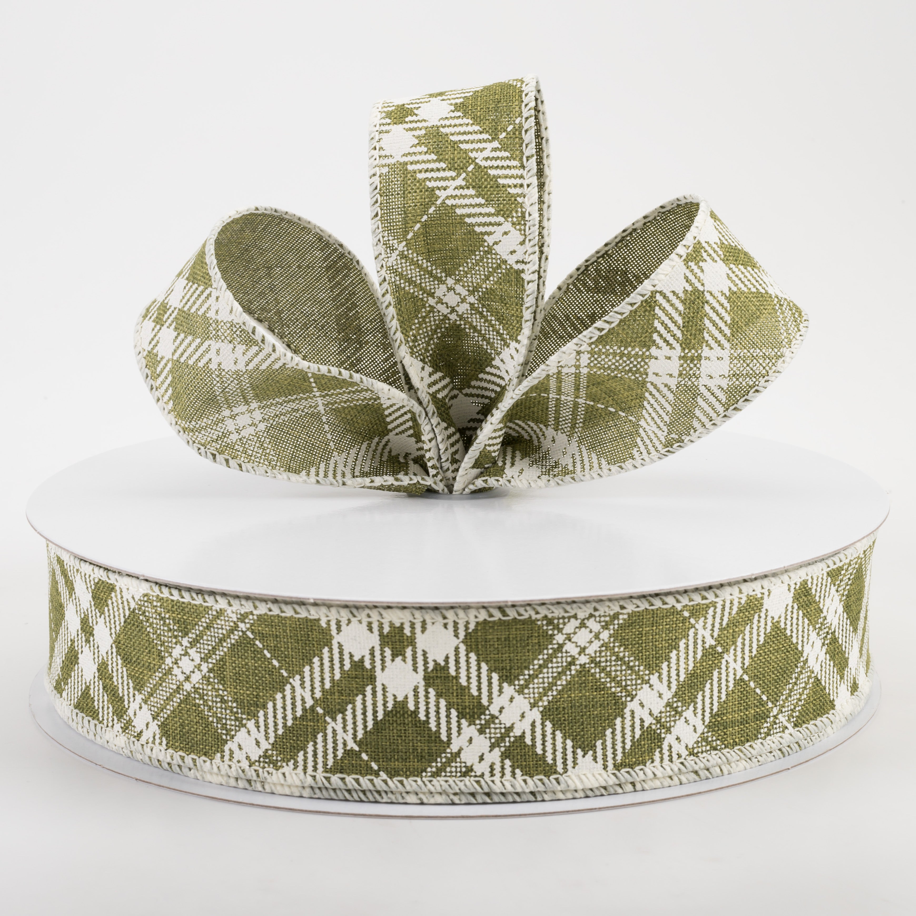 1.5" Linen Hazel Diagonal Plaid Ribbon: Moss Green (50 Yards) Lifestyle Photo