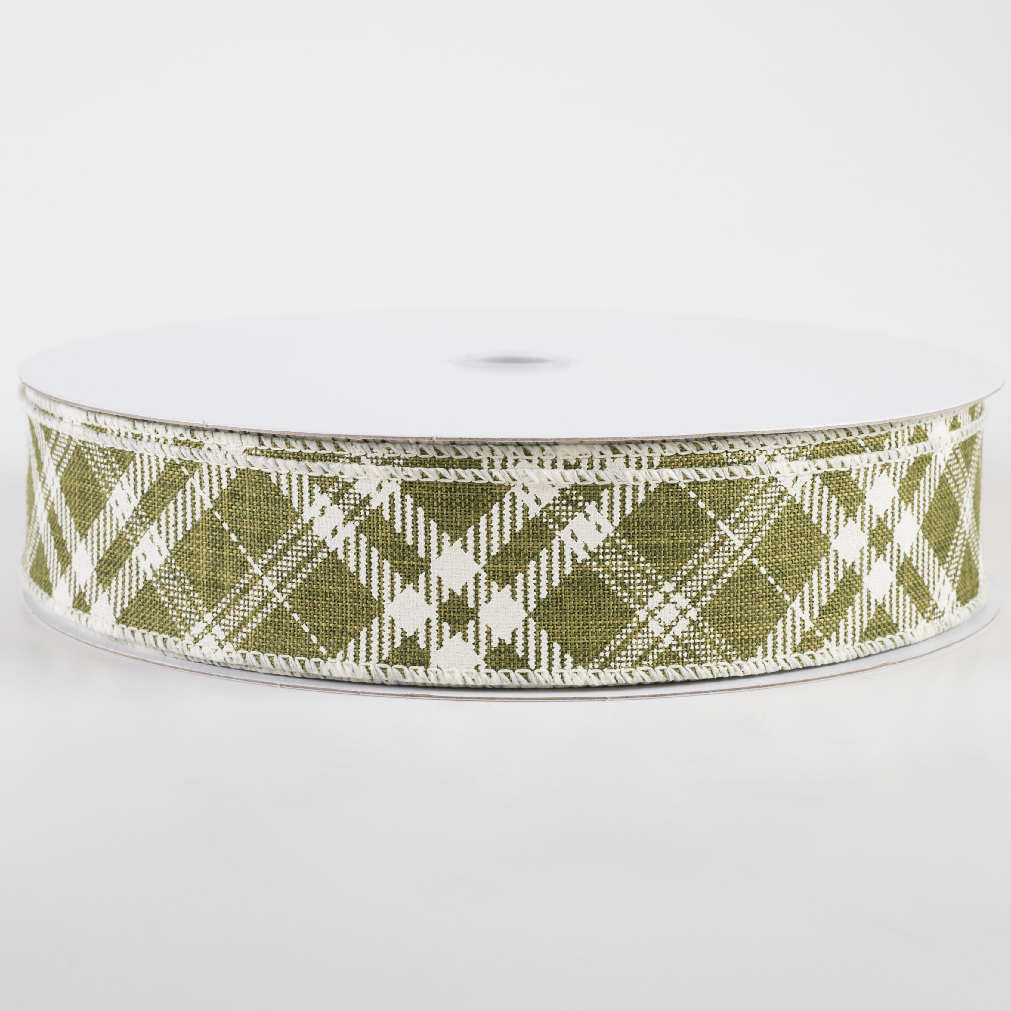 1.5" Linen Hazel Diagonal Plaid Ribbon: Moss Green (50 Yards)
