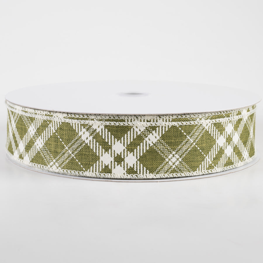 1.5" Linen Hazel Diagonal Plaid Ribbon: Moss Green (50 Yards)